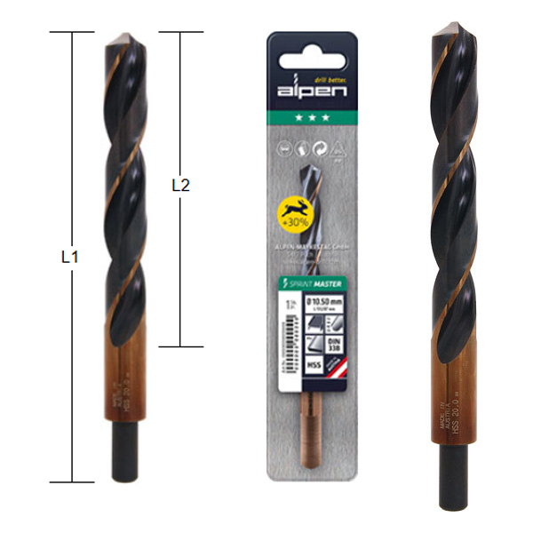 Two metal drill bits with black and bronze coating side by side; one is near measuring lines, the other is packaged.