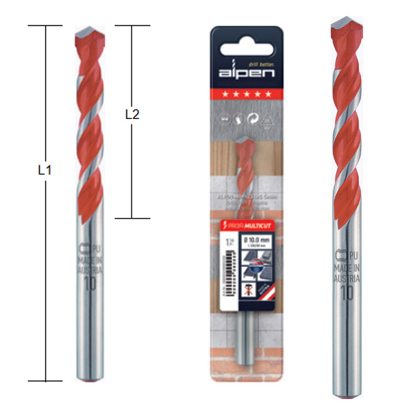 A silver and red Alpen drill bit is shown from different angles, with its retail packaging displaying compatibility with materials.
