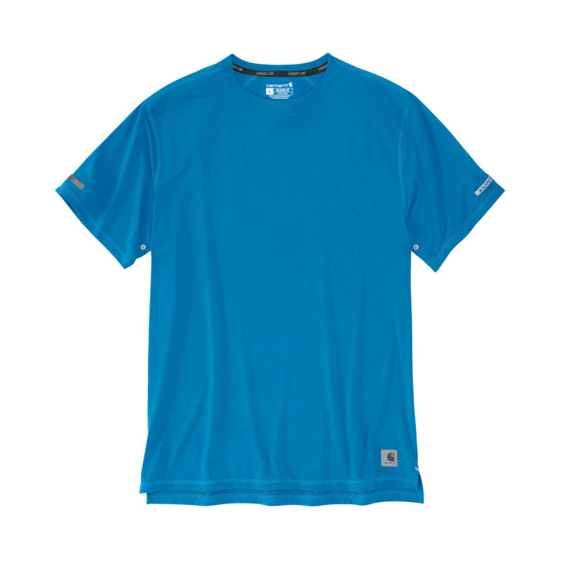 The Carhartt TK5858 Extreme Rules Relaxed Fit T-shirt in marine blue has short sleeves, a crew neck, and visible brand tags.