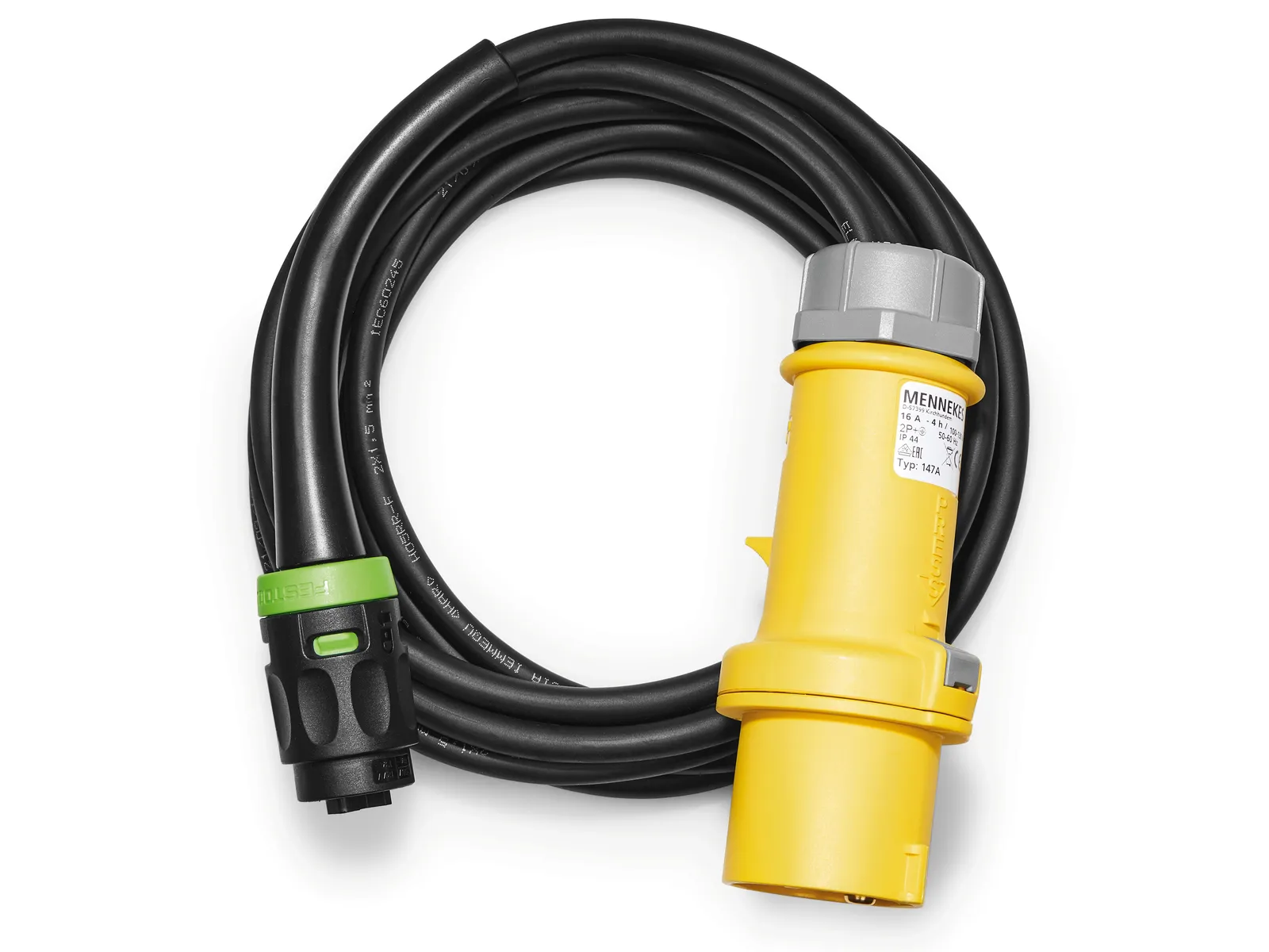 A coiled black electrical cable with a yellow industrial plug at one end and a black and green connector at the other, on white background.
