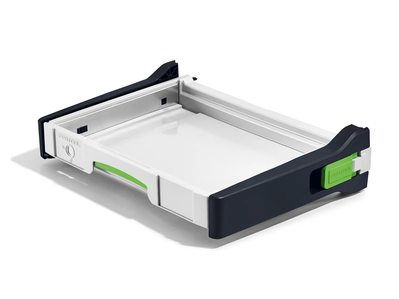 A black, white, and green plastic drawer or tray with raised edges and a sliding mechanism for organizing tools or supplies.
