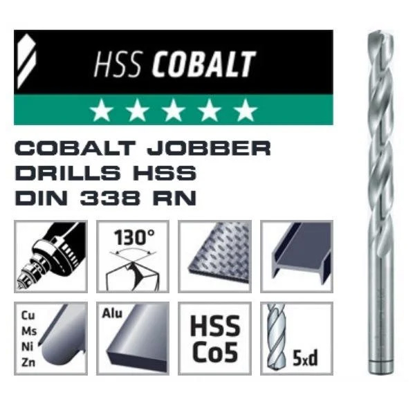 Product image of HSS cobalt jobber drill bit, with icons for copper, aluminum, stainless steel, 130° tip angle, and 5xD drilling depth.