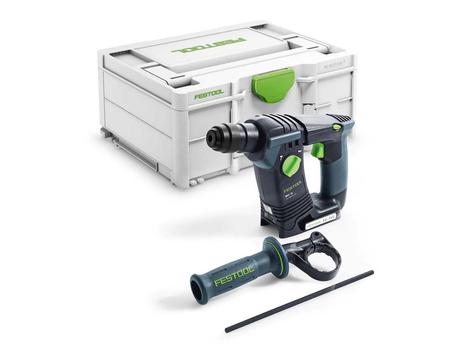 The Festool 577223 Cordless Drill TDC 18/4-Basic GB, in black, green, and gray, shown with side handle, depth rod, and case.