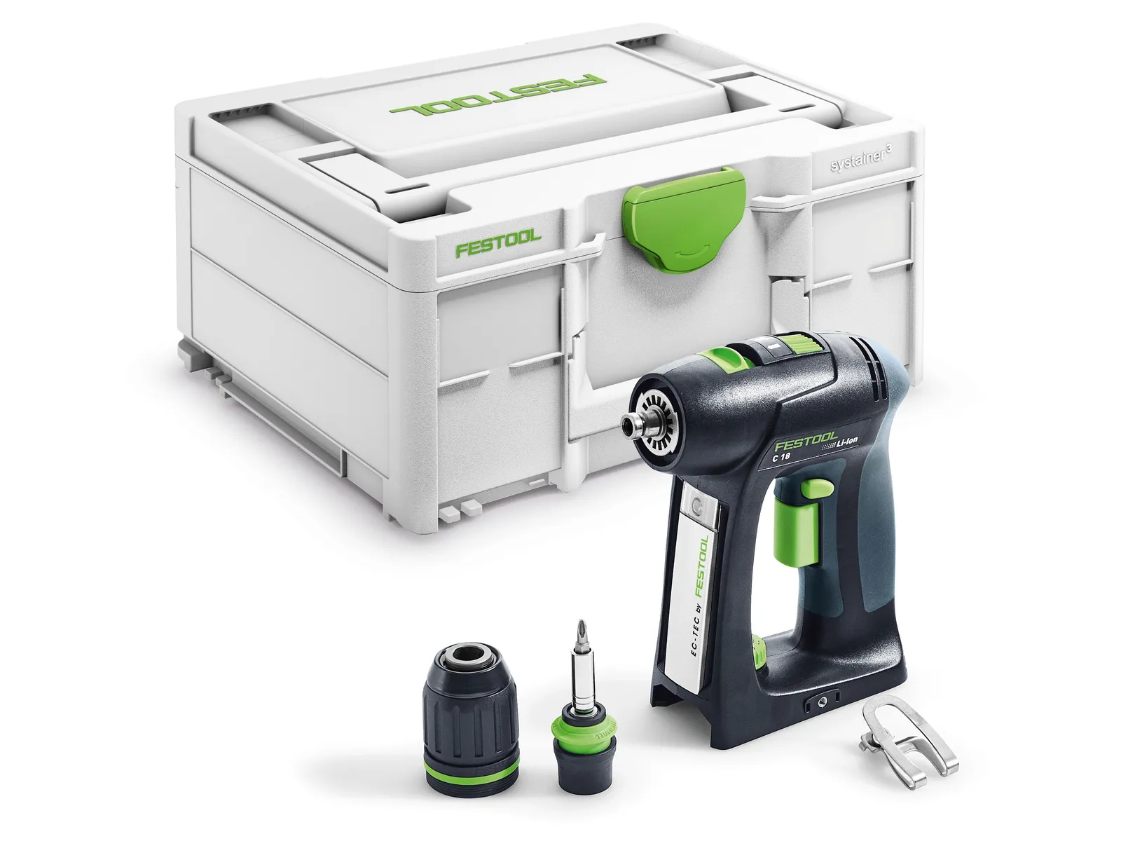 The Festool 577223 Cordless Drill TDC 18/4-Basic GB with attachments, screwdriver bit, and clip is in front of its storage case.