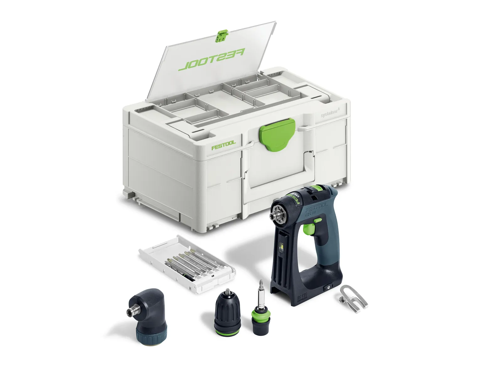 A Festool 577223 Cordless TDC 18/4-Basic GB drill kit with a gray and green case, attachments, drill bits, and charger on white.