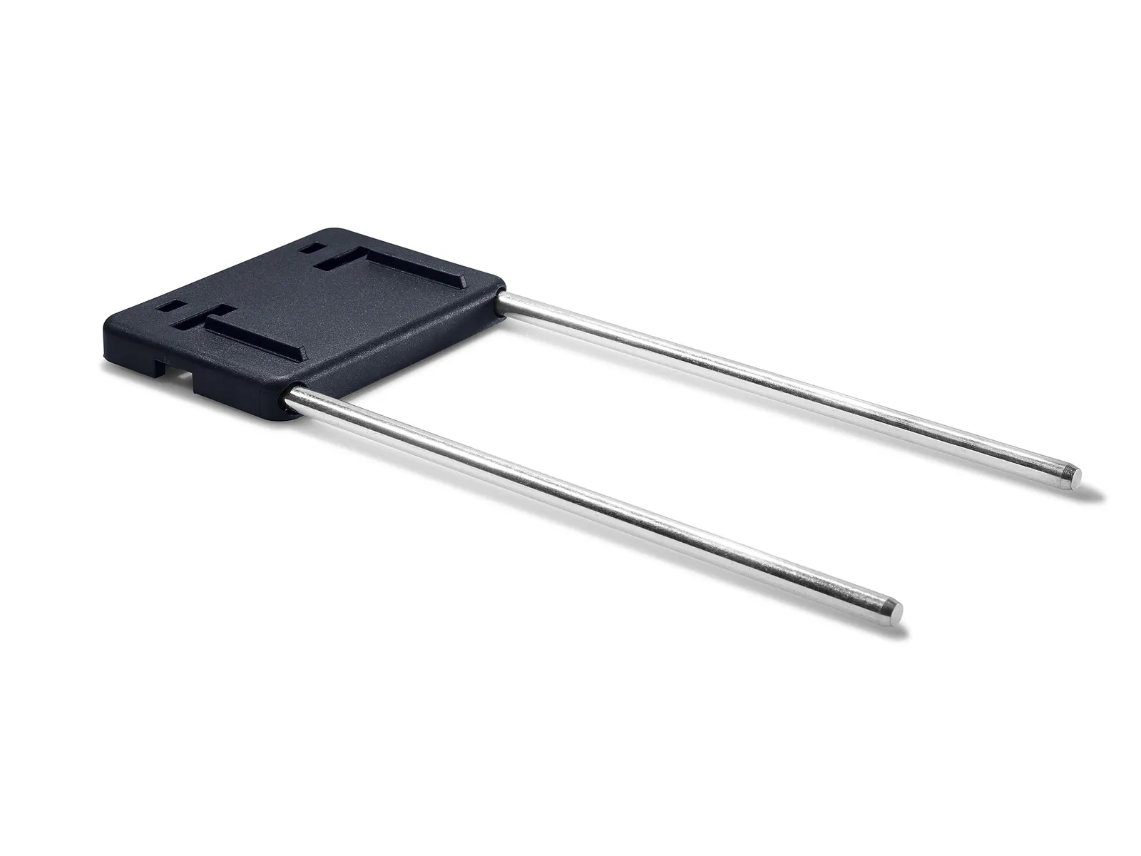 A rectangular black electronic component with two long, parallel metal leads extending from one side, photographed on white.