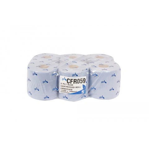 Six rolls of 2 ply blue centre feed paper towels, wrapped in clear plastic packaging displaying product details.