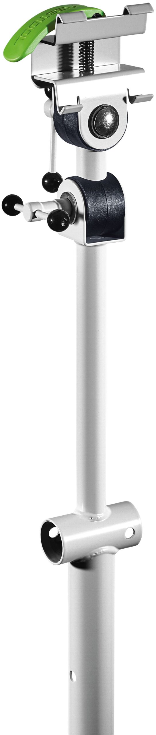 A silver bike repair stand with adjustable clamps, black knobs, a green lever on top, and a vertical pole with holes near the base.