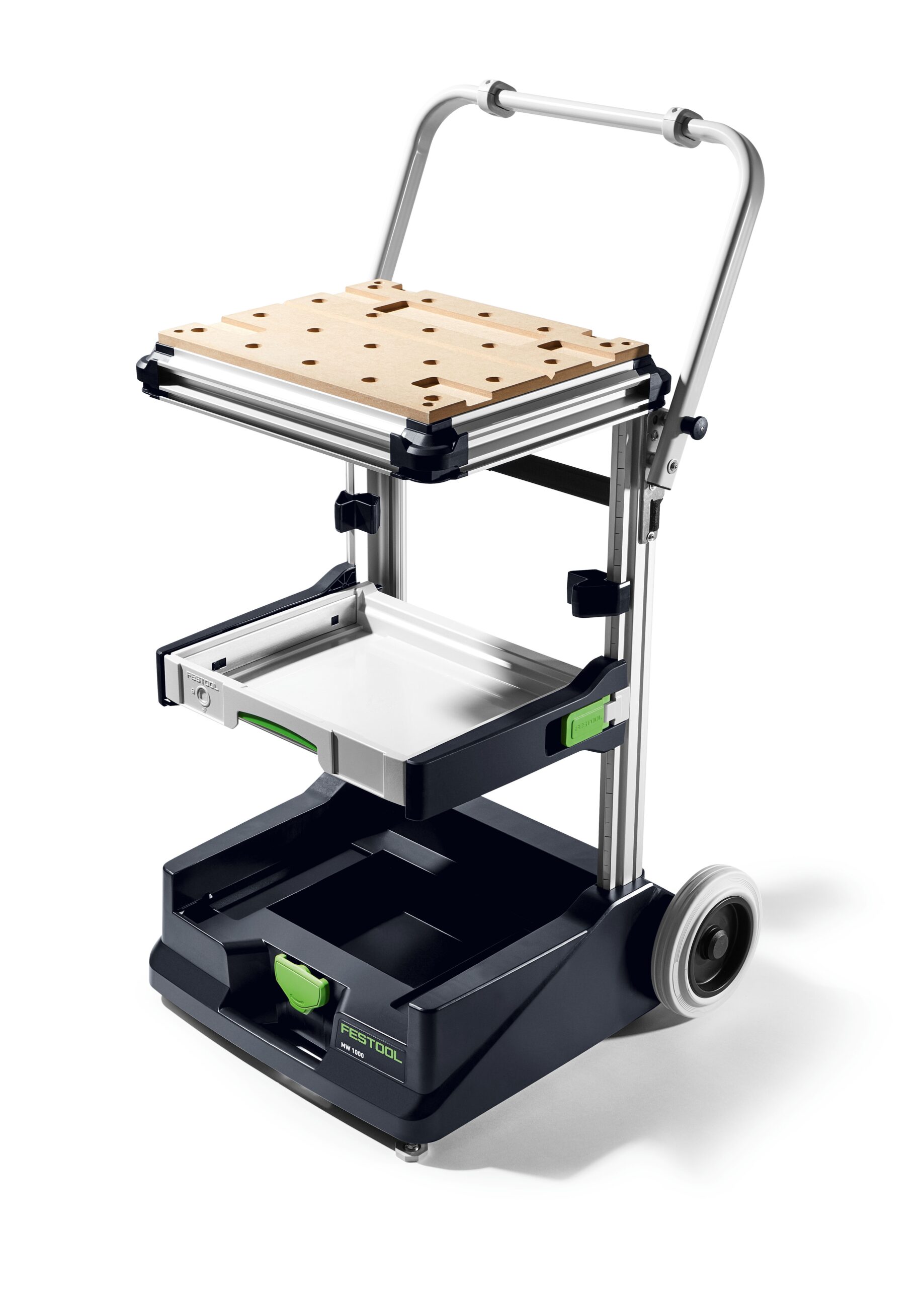 The Mobile workshop MW 1000 Basic is a black, green, and metallic rolling tool cart with wood work surface, shelf, drawer, and large wheels.