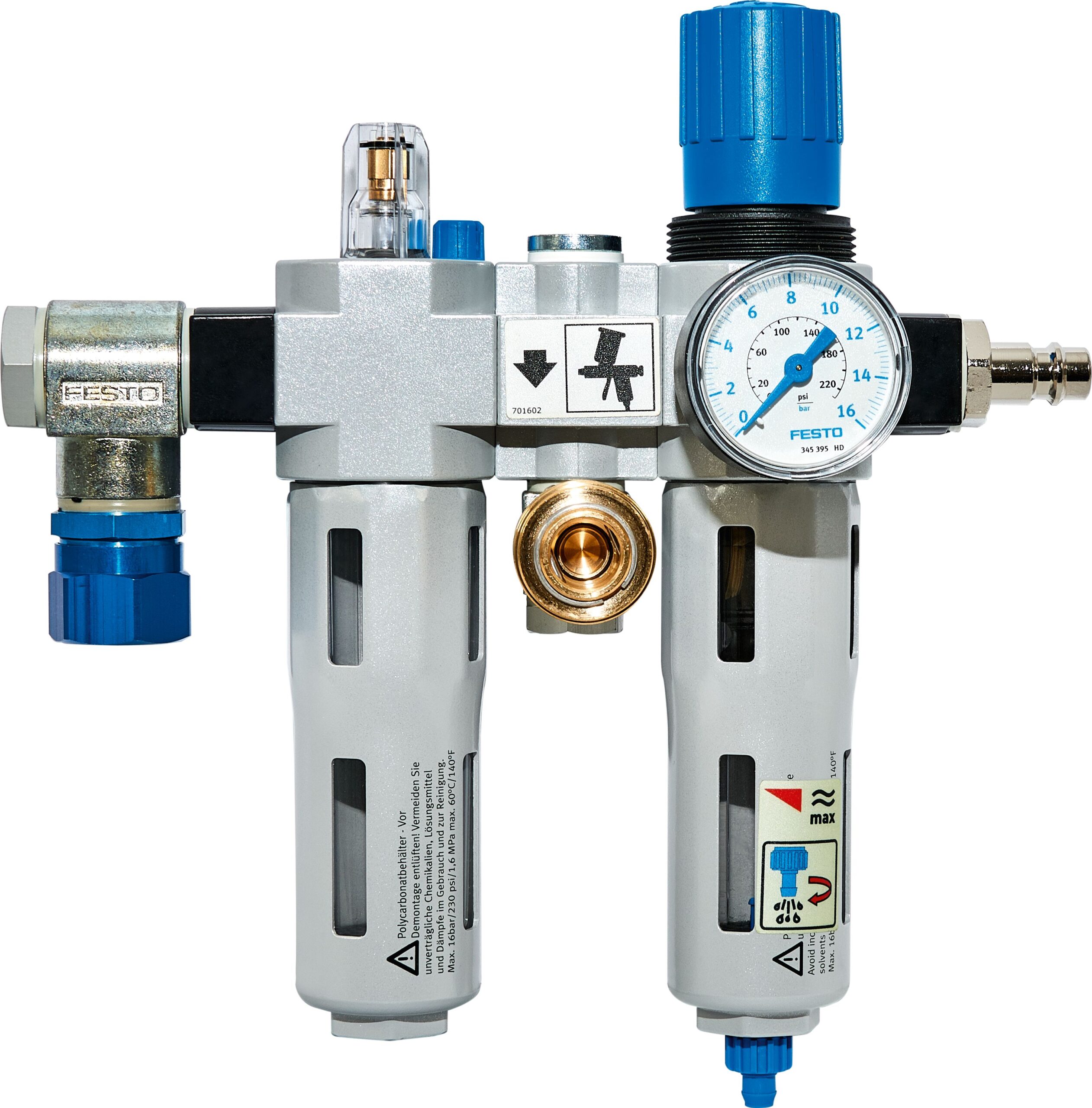 A Festool 454808 SUPPLY UNIT VE-TC 3000 with two cylindrical filters, pressure gauge, blue knob, and several pneumatic connectors.