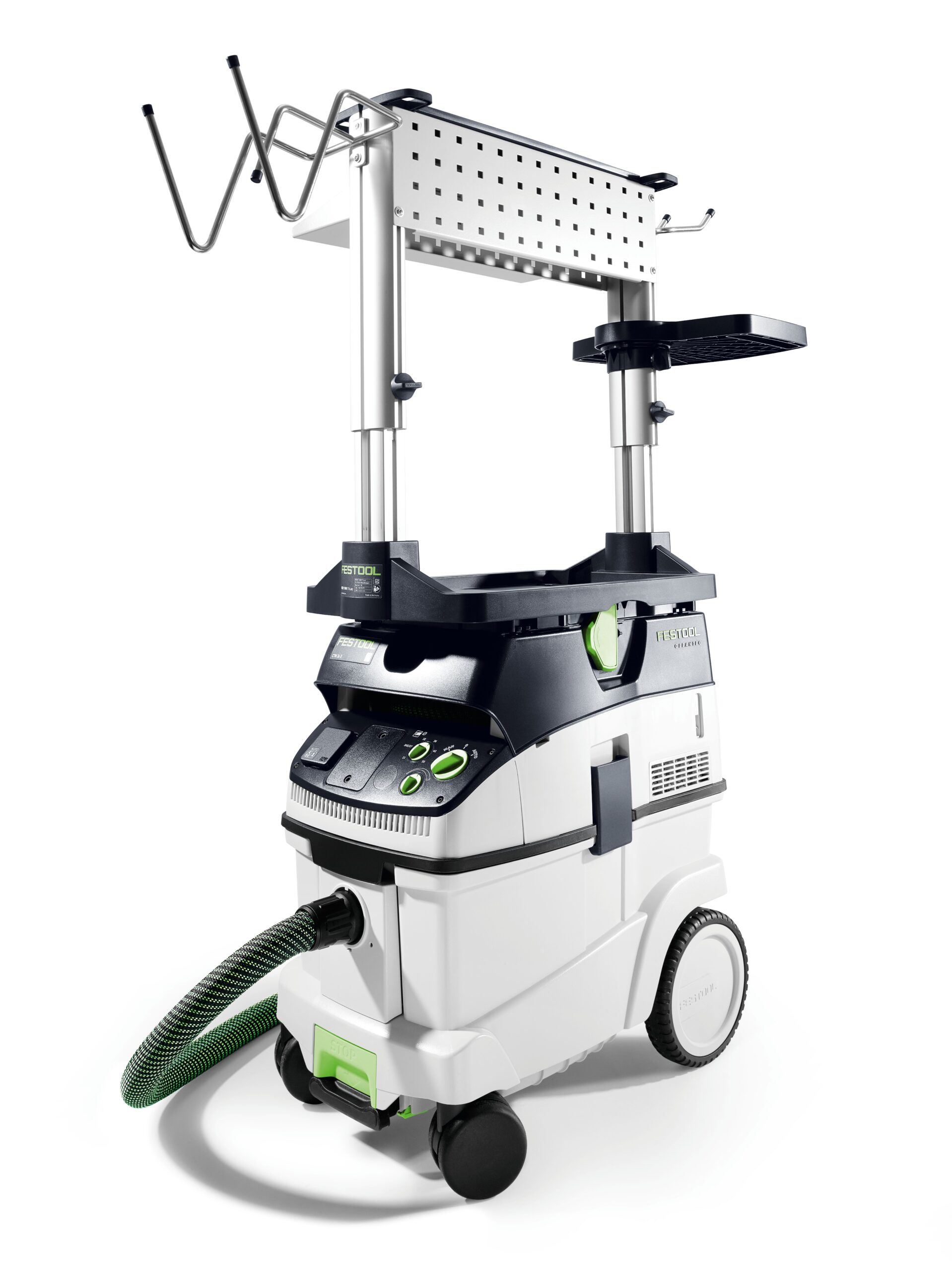 The Festool 577253 Workcenter WCR 1000 T-Loc is a white and black dust extractor with wheels, controls, green hose, rack, and trays.