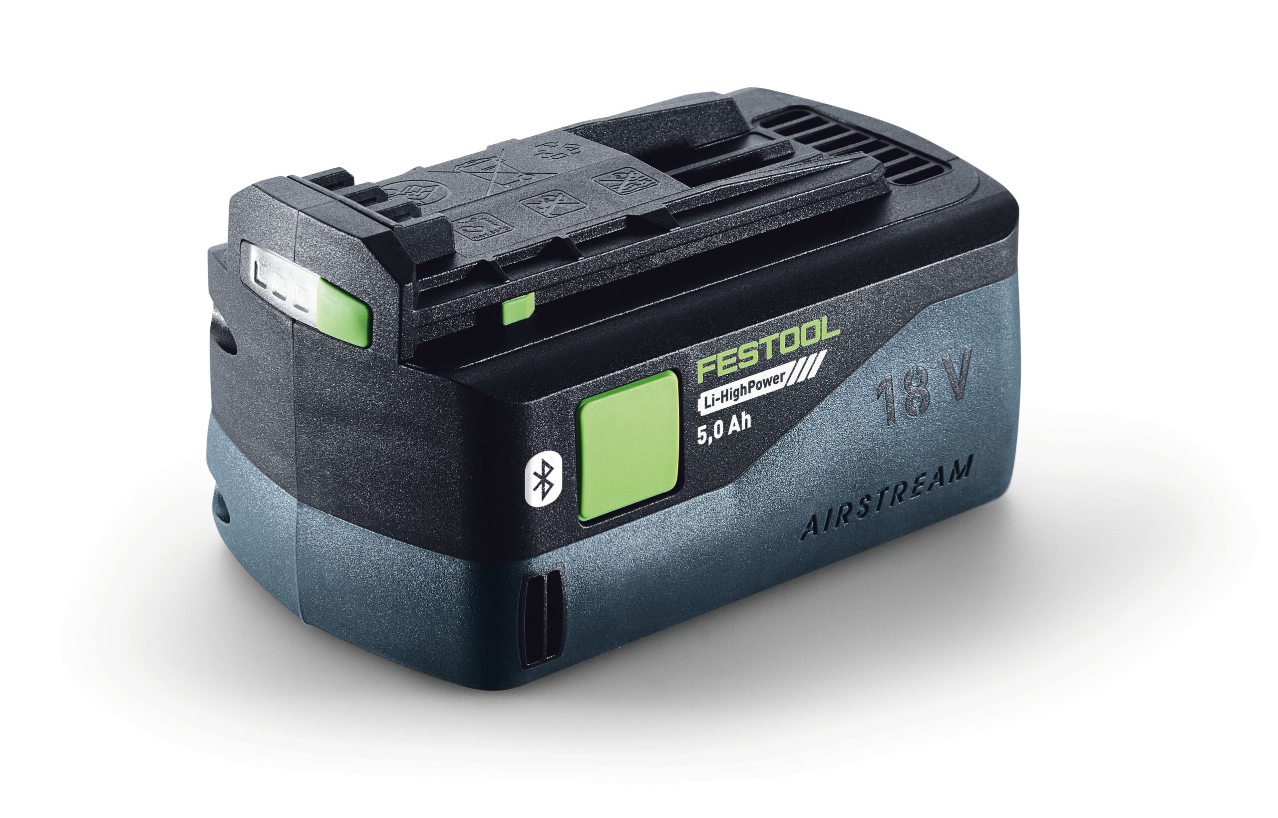 The Festool 578519 BP 18 Li 5,0 HP-ASI EU is an 18V lithium-ion battery with 5.0 Ah capacity and a black-green design for Festool tools.