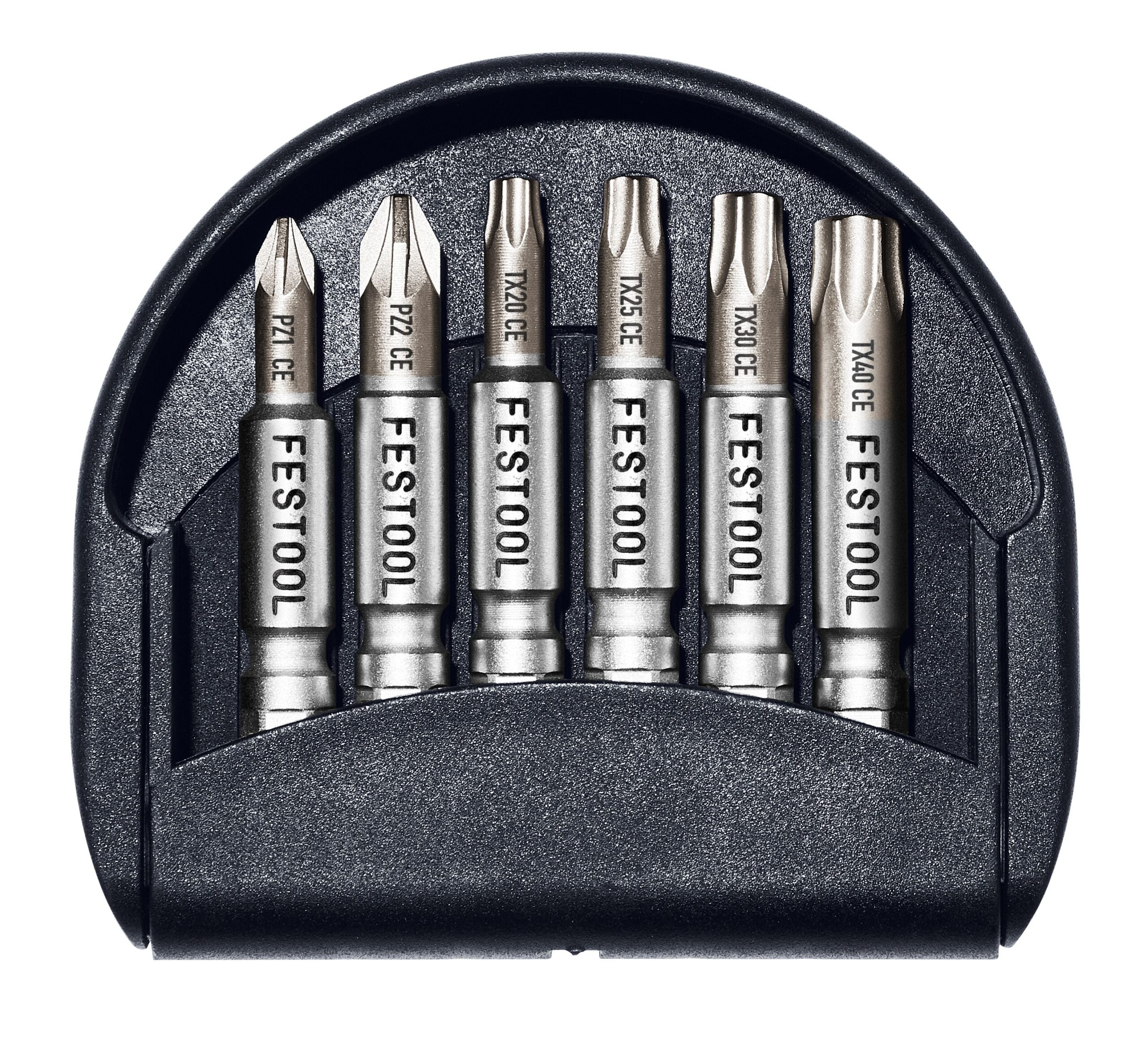 The Festool 205087 Bit CENTRO Bit-Set 1 has six labeled Phillips and Torx bits in a black holder, known for quality and organization.