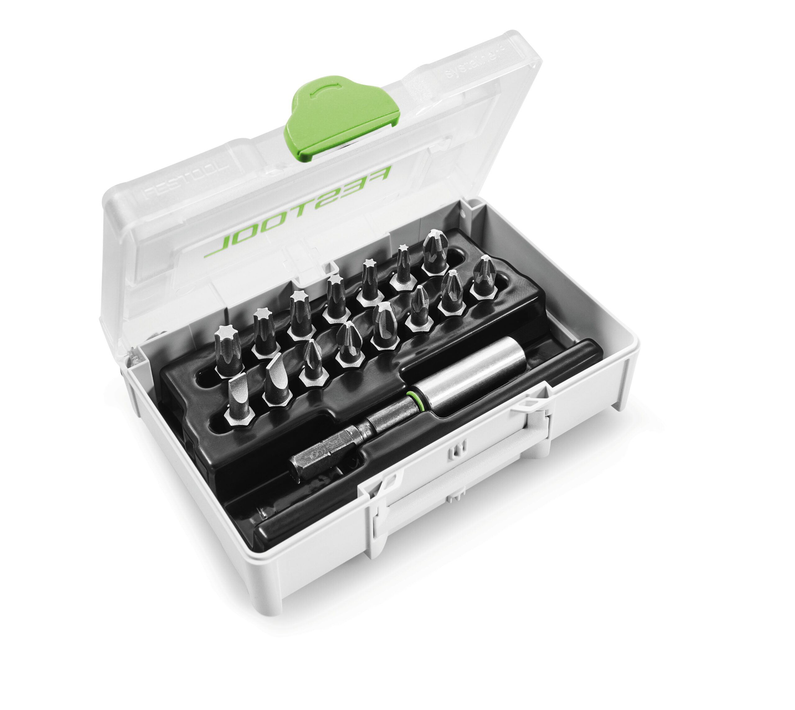 A plastic case holds screwdriver bits, a bit holder, and a ratchet tool in foam slots. The transparent lid has a green latch.