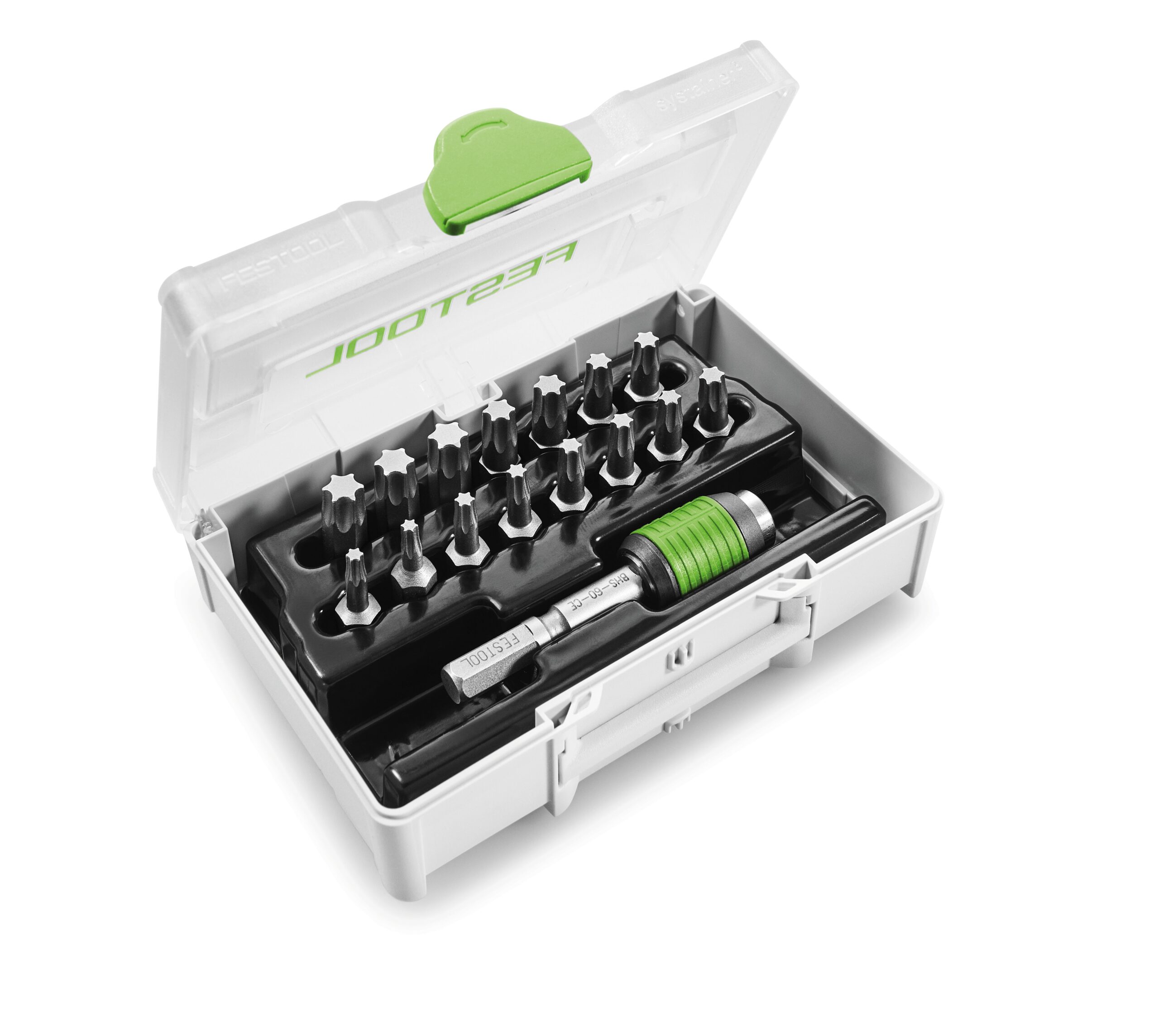 A plastic tool case with a green latch holds various metal screwdriver bits, a bit holder, and handle, all neatly organized inside.