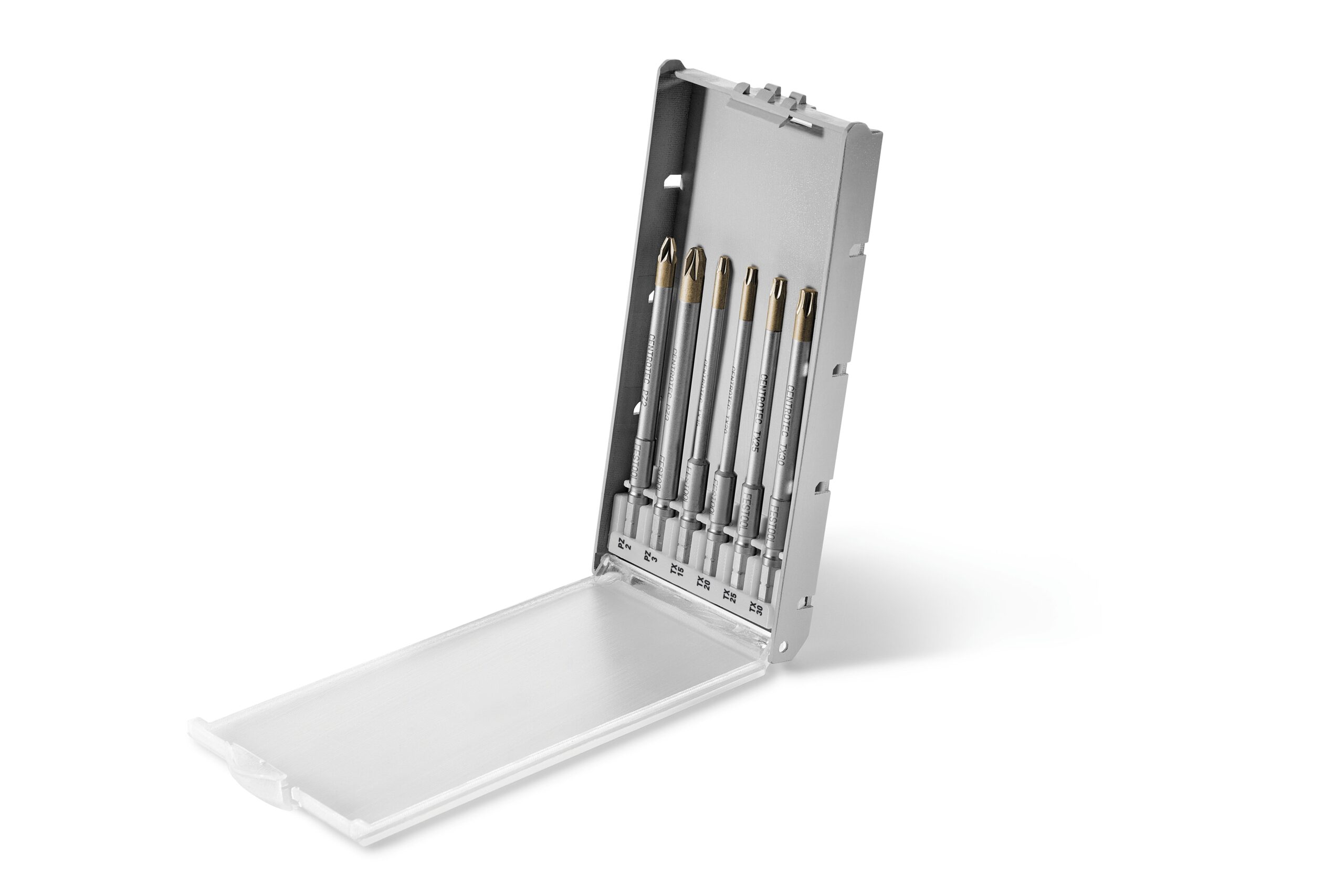 A silver metal case holds six precision screwdrivers in individual slots with the lid open, ready for versatile repairs.