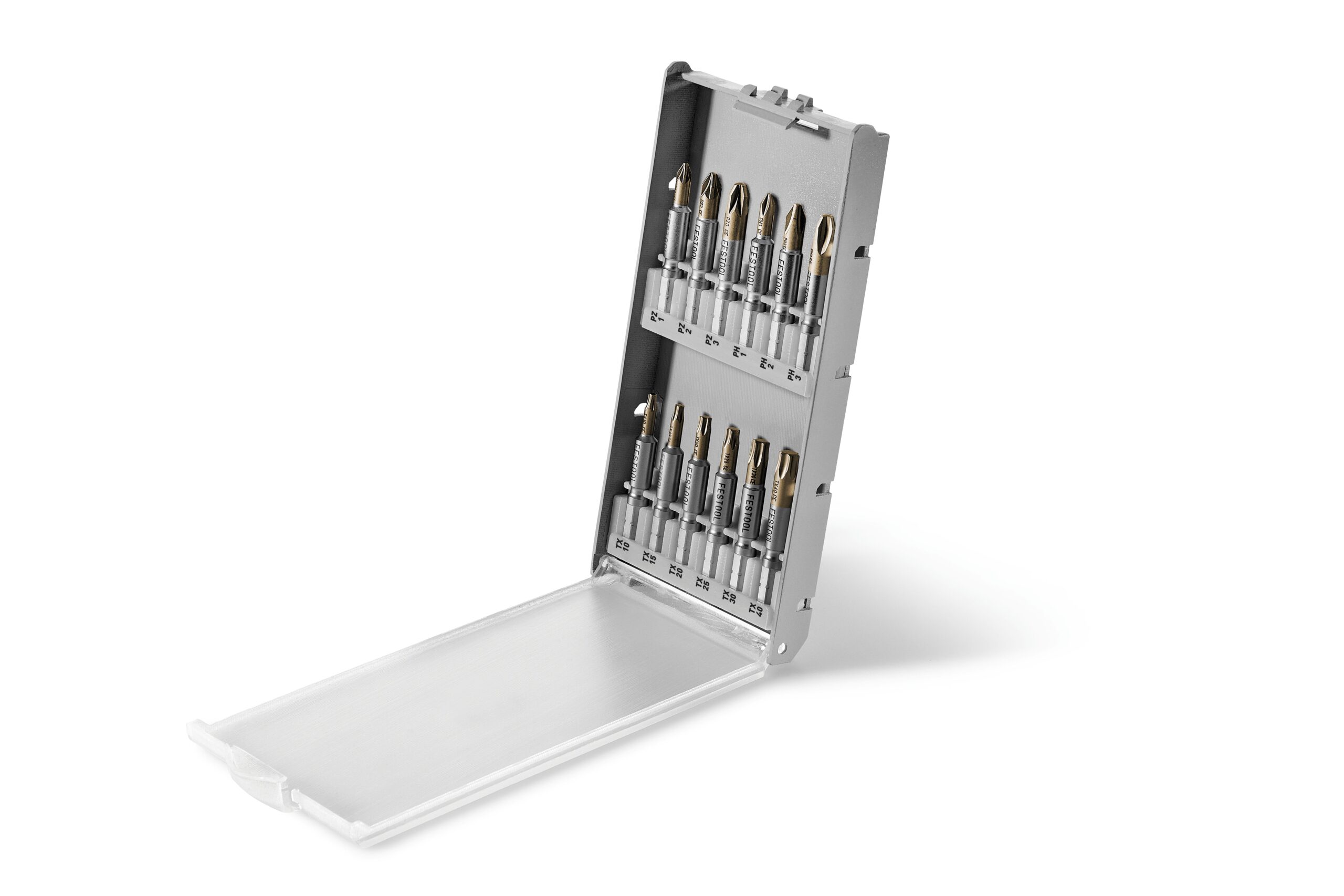 The Festool 577400 Bit cassette BKS SYS3 50mm CE has a silver case angled open to show ten screwdriver bits in two neat rows.