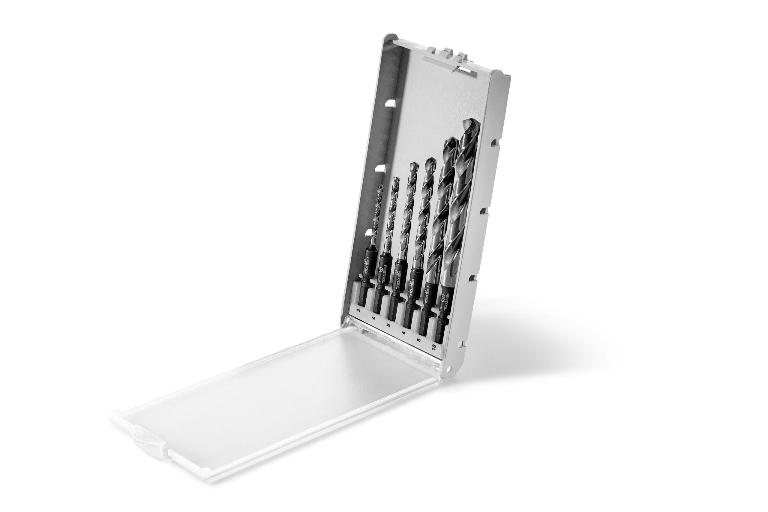 The Festool 577402 Drill cassette BKS SYS3 D3-10 HSS CE shows five HSS CE drill bits in an open silver metal case.