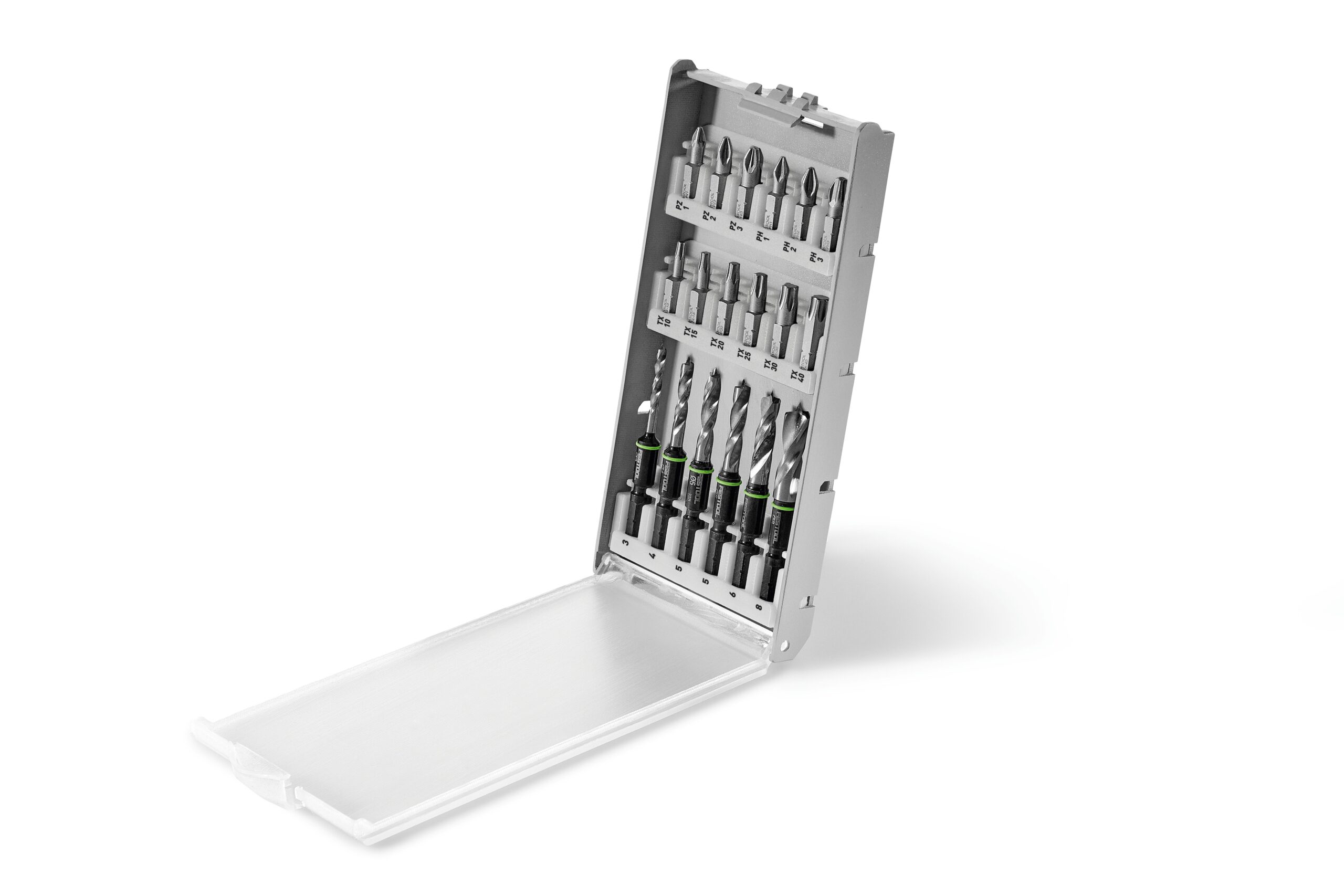 A set of screwdrivers in a metal case, designed for the Festool 577395 Drill cassette—an ideal accessory for Festool tools.