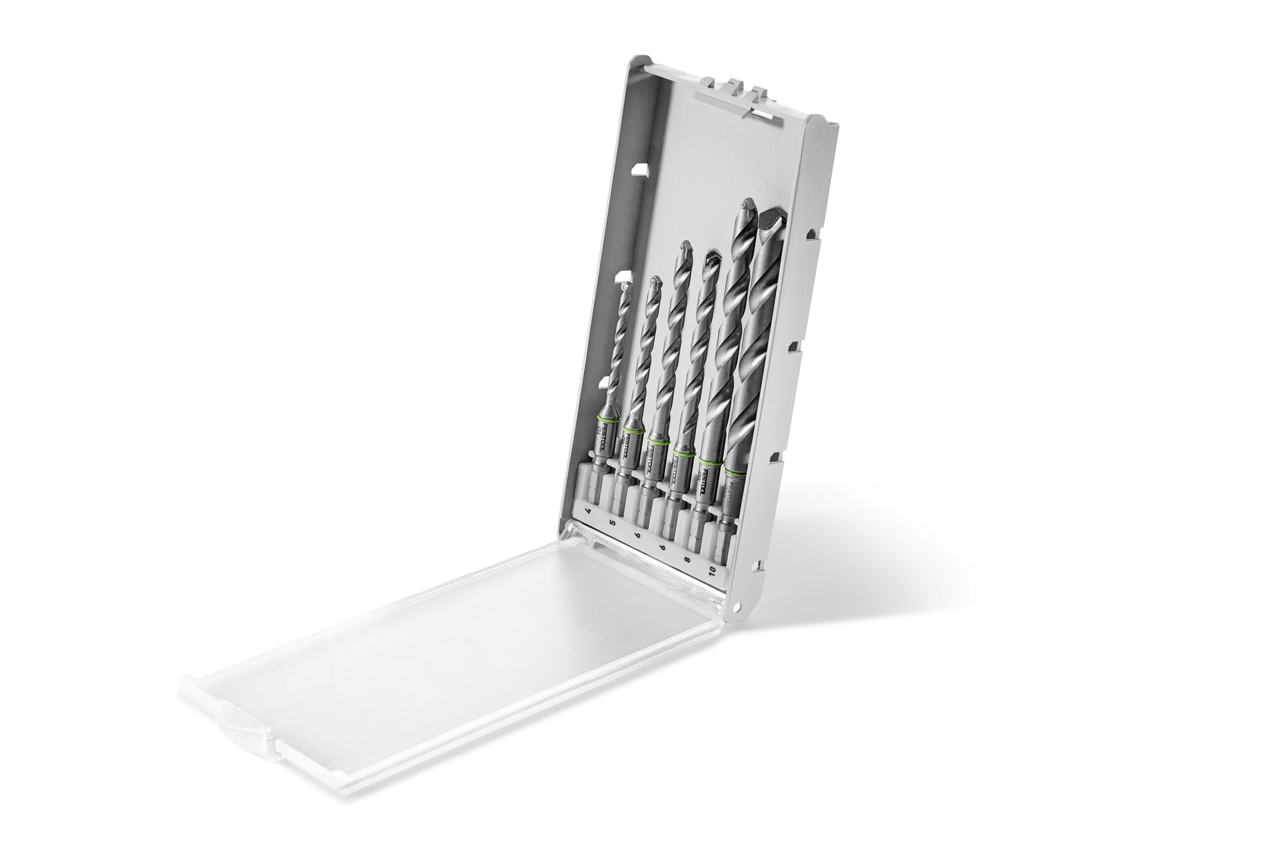 The Festool 577397 Drill cassette displays five assorted drill bits in an open metal case, all set against a white background.