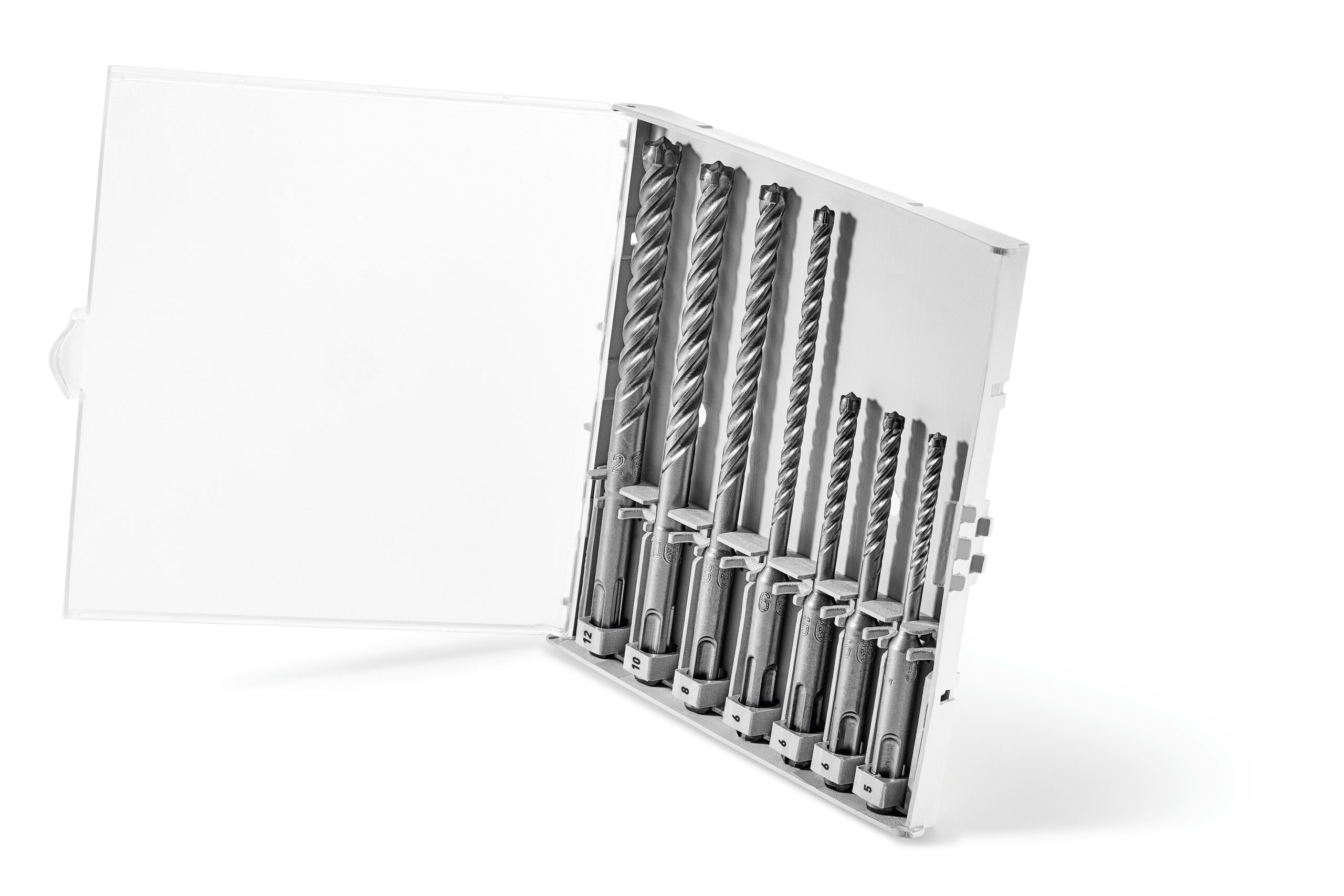 The Festool 577398 Drill cassette is a white plastic case with seven SDS drill bits of varying lengths, lid partially open.