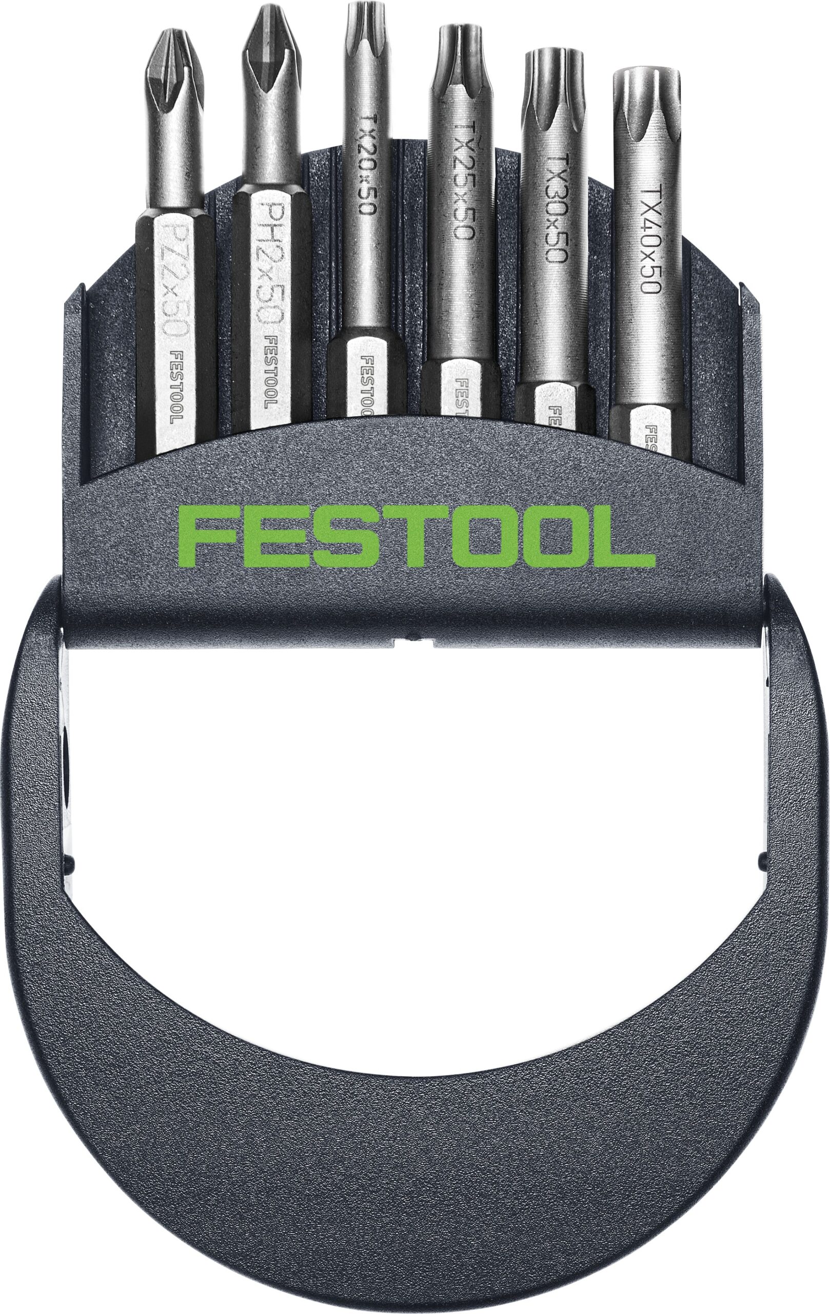 The Festool 204385 Bit cassette BT-IMP SORT5 holds six screwdriver bits in a black and green holder with assorted bit types.