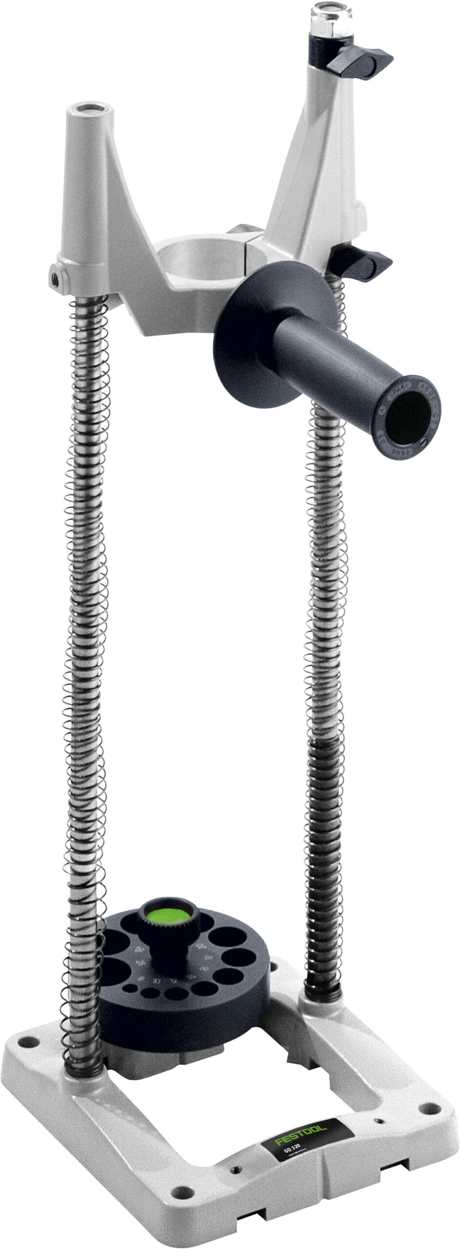 The Festool 768768 Upright of dril GD 320 is a lab clamp stand with metal springs, adjustable clamps, and a circular base.