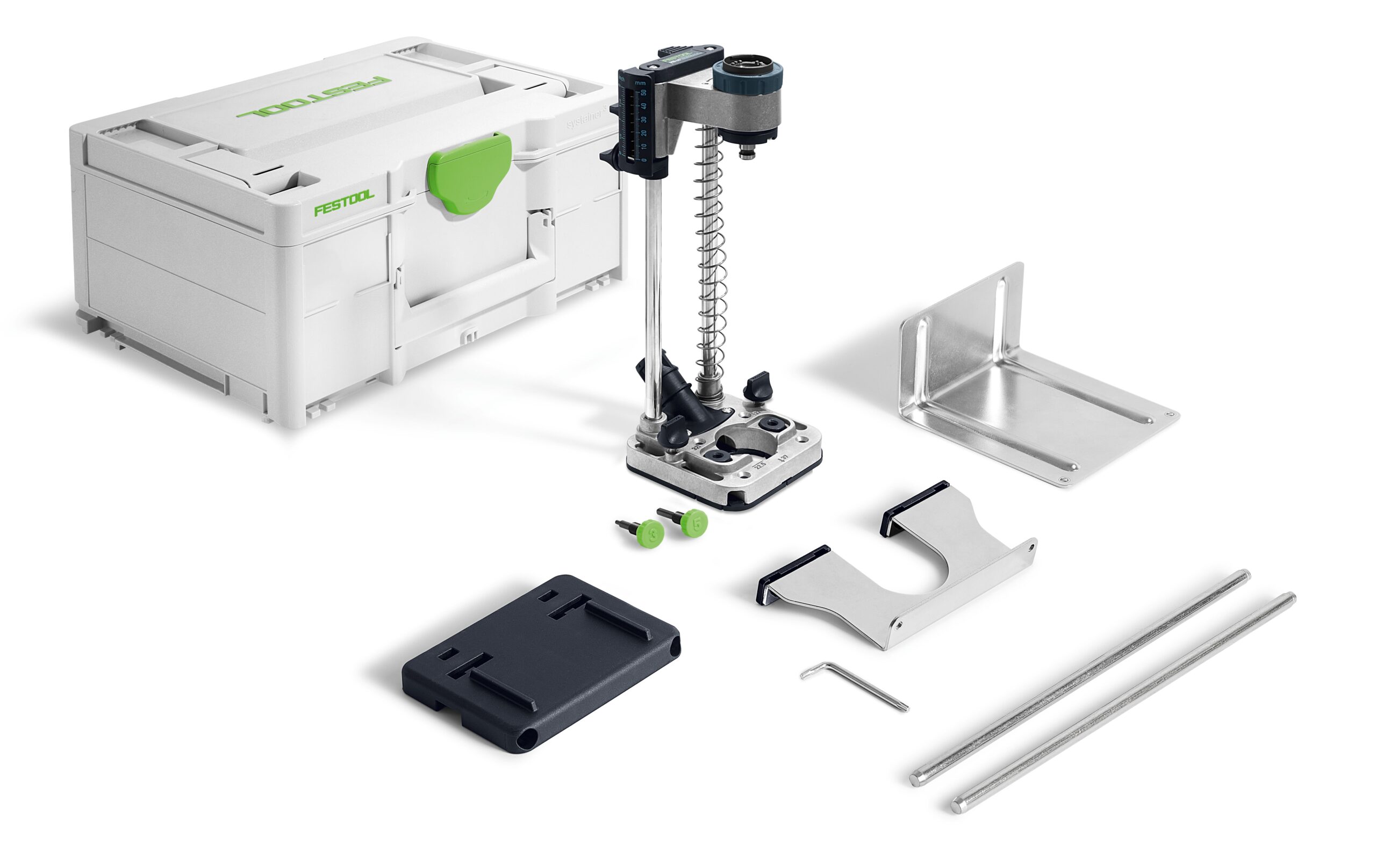 A white box holding a Festool 577971 MB 40-Set Mobile Drilling Attachment in black and green.