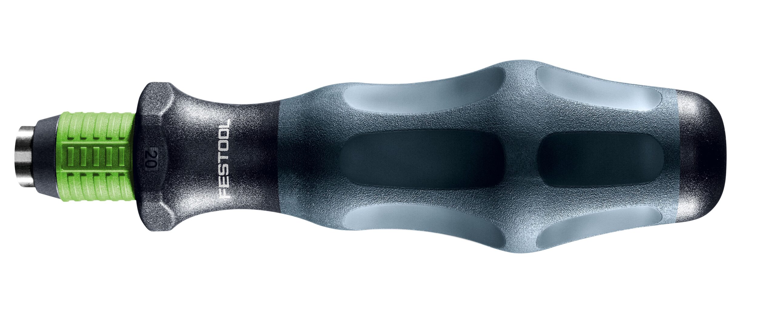 A close-up view of a Festool screwdriver handle with an ergonomic black and gray grip and a textured green end.