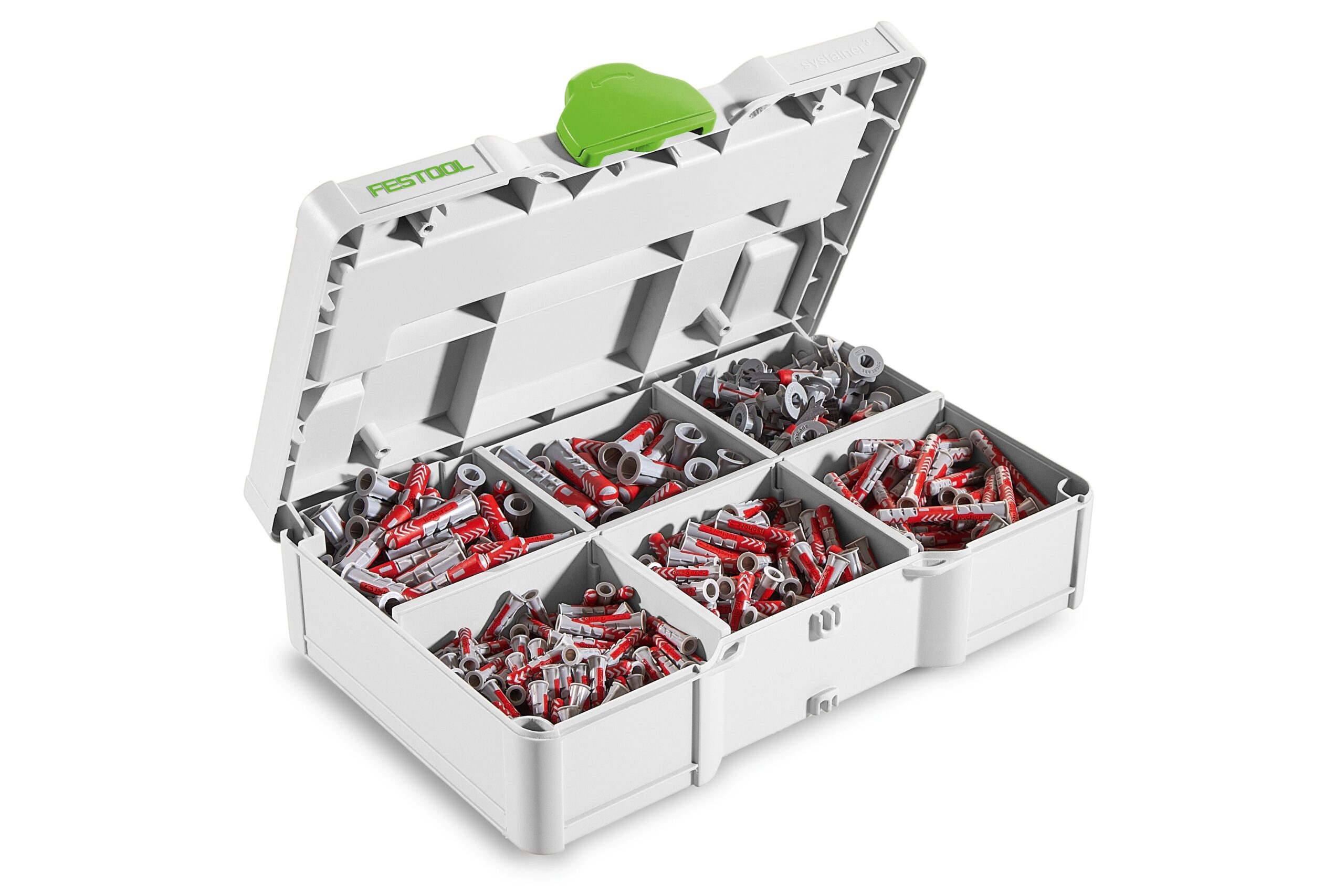 The Festool 578113 Dowel SYS3 S 76-DBL-Set is a white case with a green latch, open to reveal six compartments of red and silver fasteners.