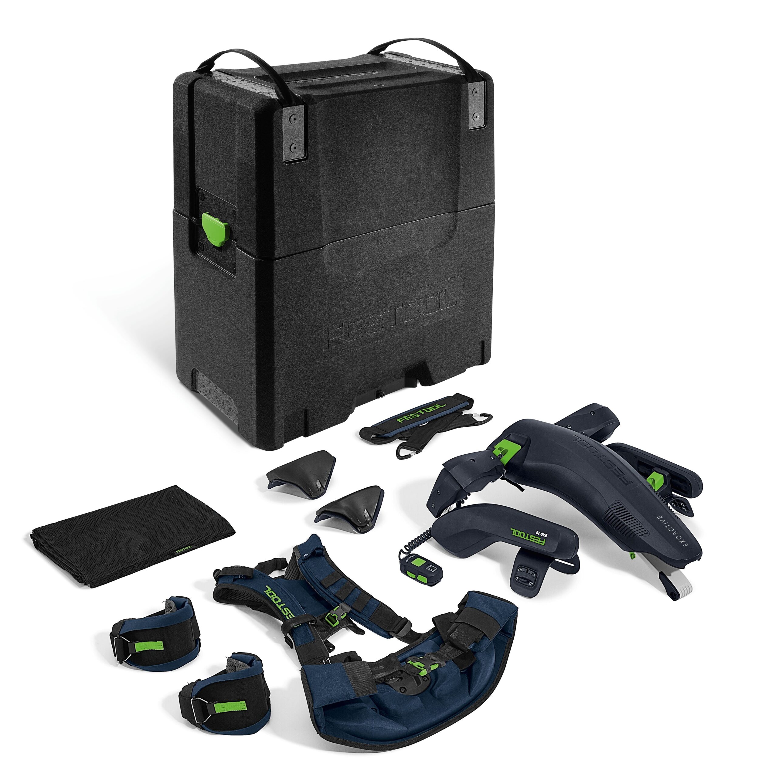 A black carrying case with green accents is shown behind blue and black wearable components for the Festool 578031 Exoskeleton.