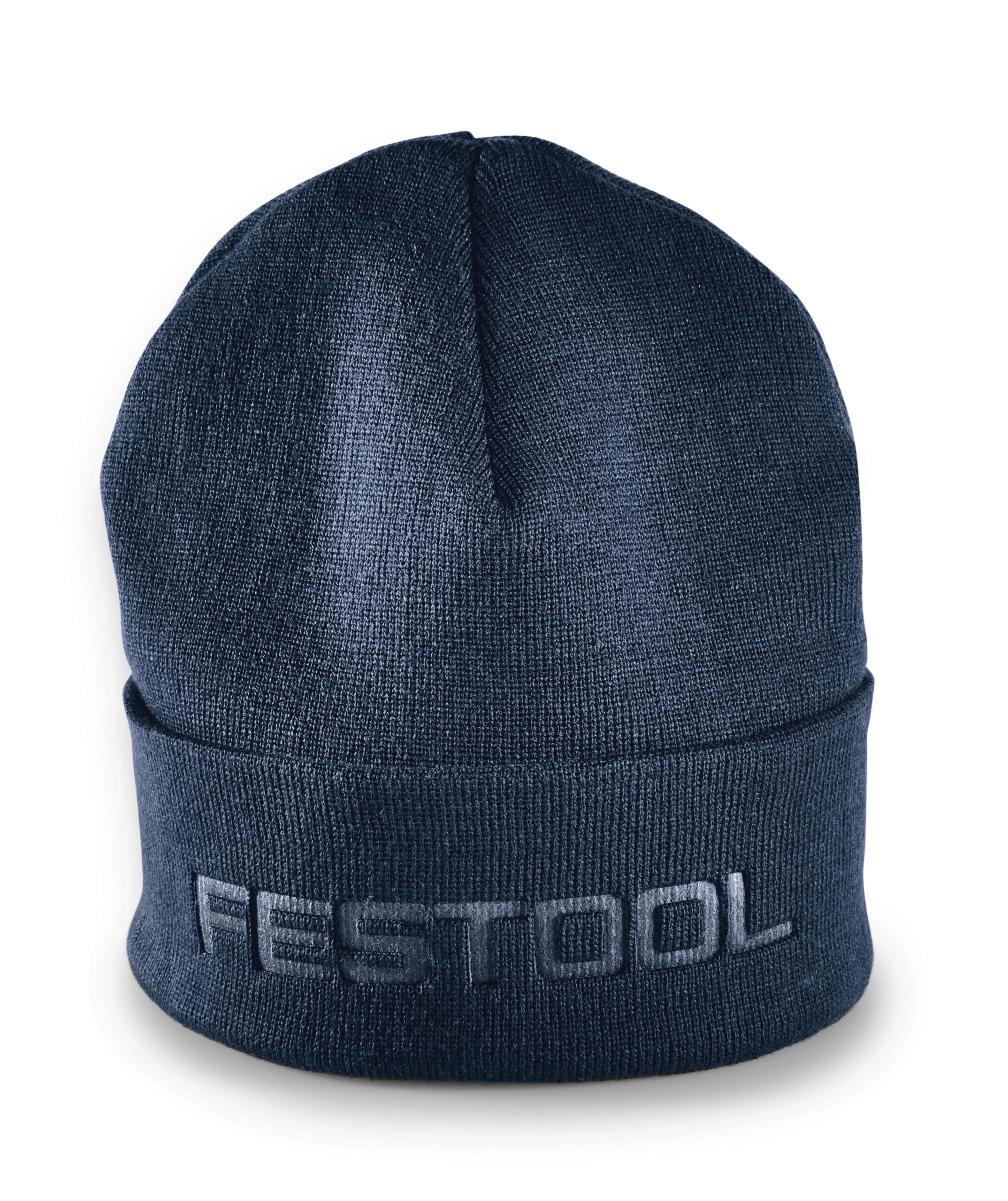 A dark blue knit beanie with a folded brim and gray embroidery on the front.