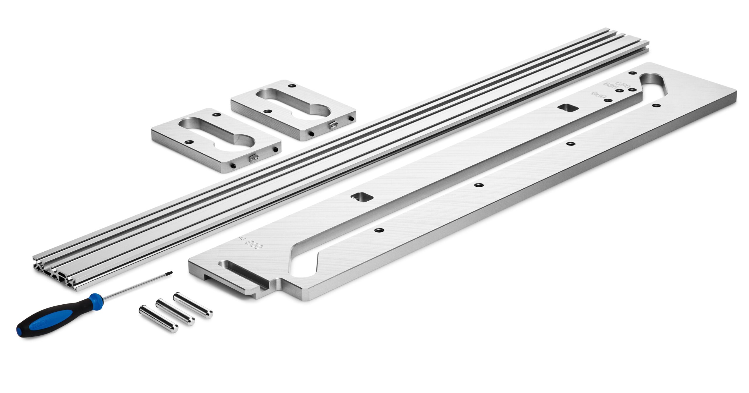 Festool 578727 Worktop Template APS 900-3 kit with large plate, four rods, two brackets, three screws, and screwdriver on white background.