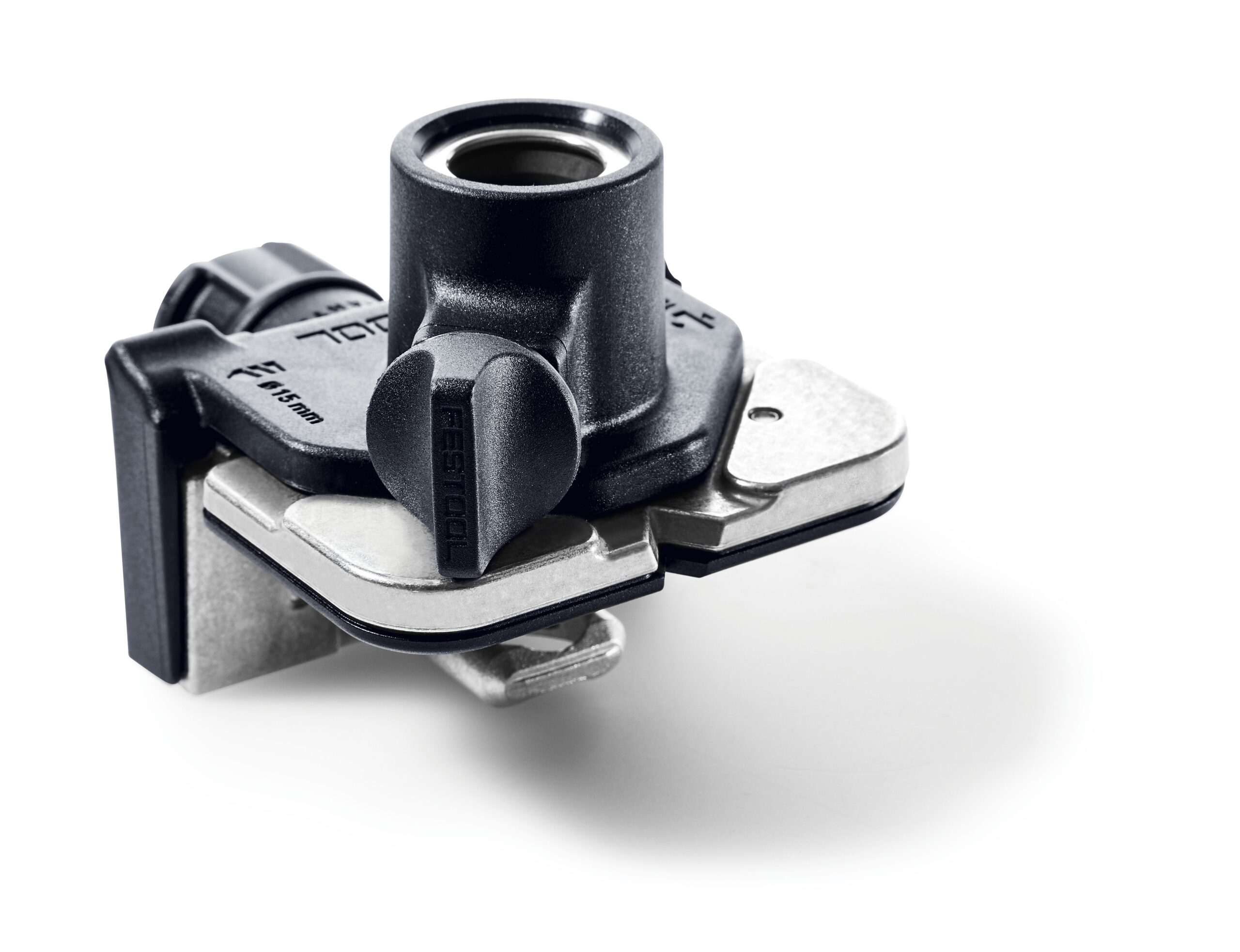 A black and silver Festool tool attachment with adjustable parts for precision woodworking, displayed on a white background.