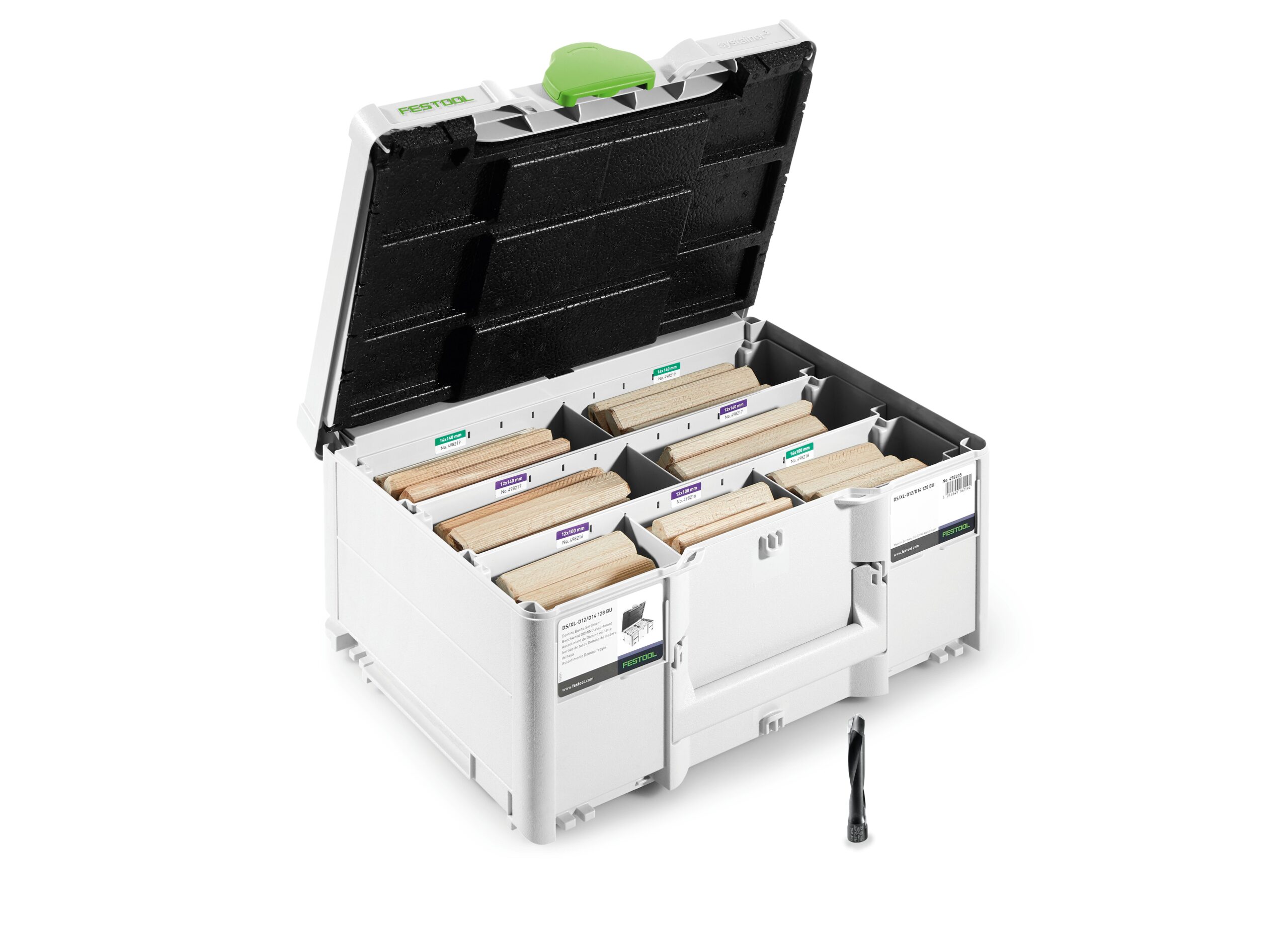 A white plastic storage box with a green handle sits open, showing compartments of Festool DOMIN samples. A drill bit rests in front.