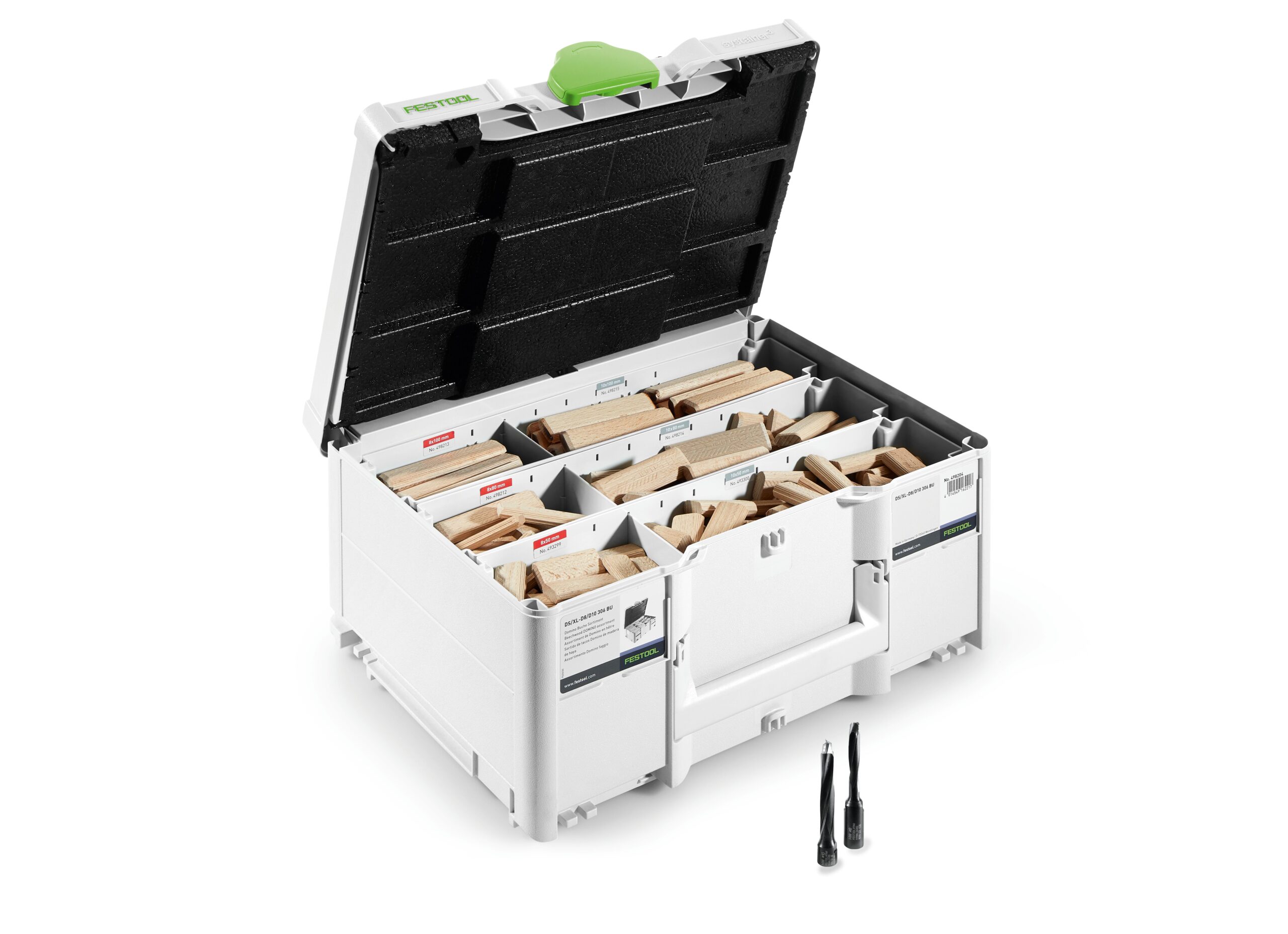 An open Festool white storage box with green handle displays beechwood dowels inside, two drill bits in front on a white surface.