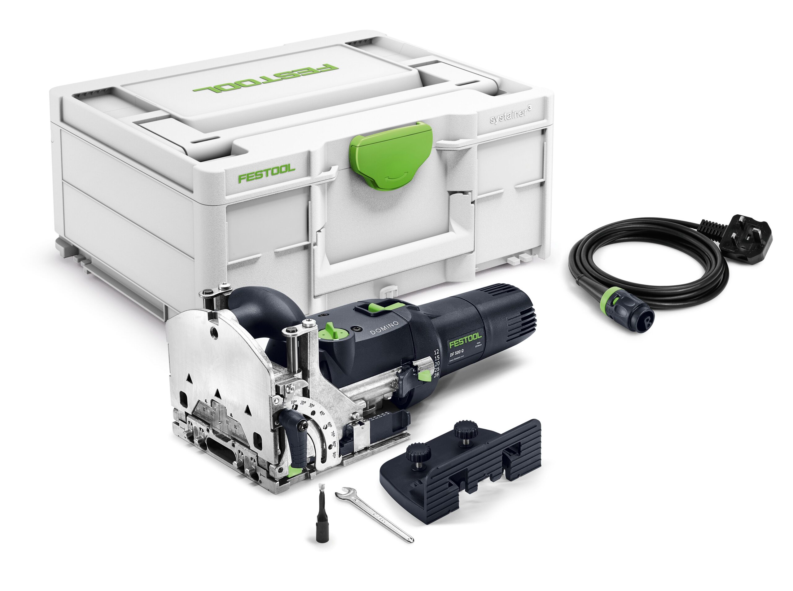 The Festool 578464 joiner set includes the joiner machine, storage case, power cord, adjustment tool, and accessories on white.