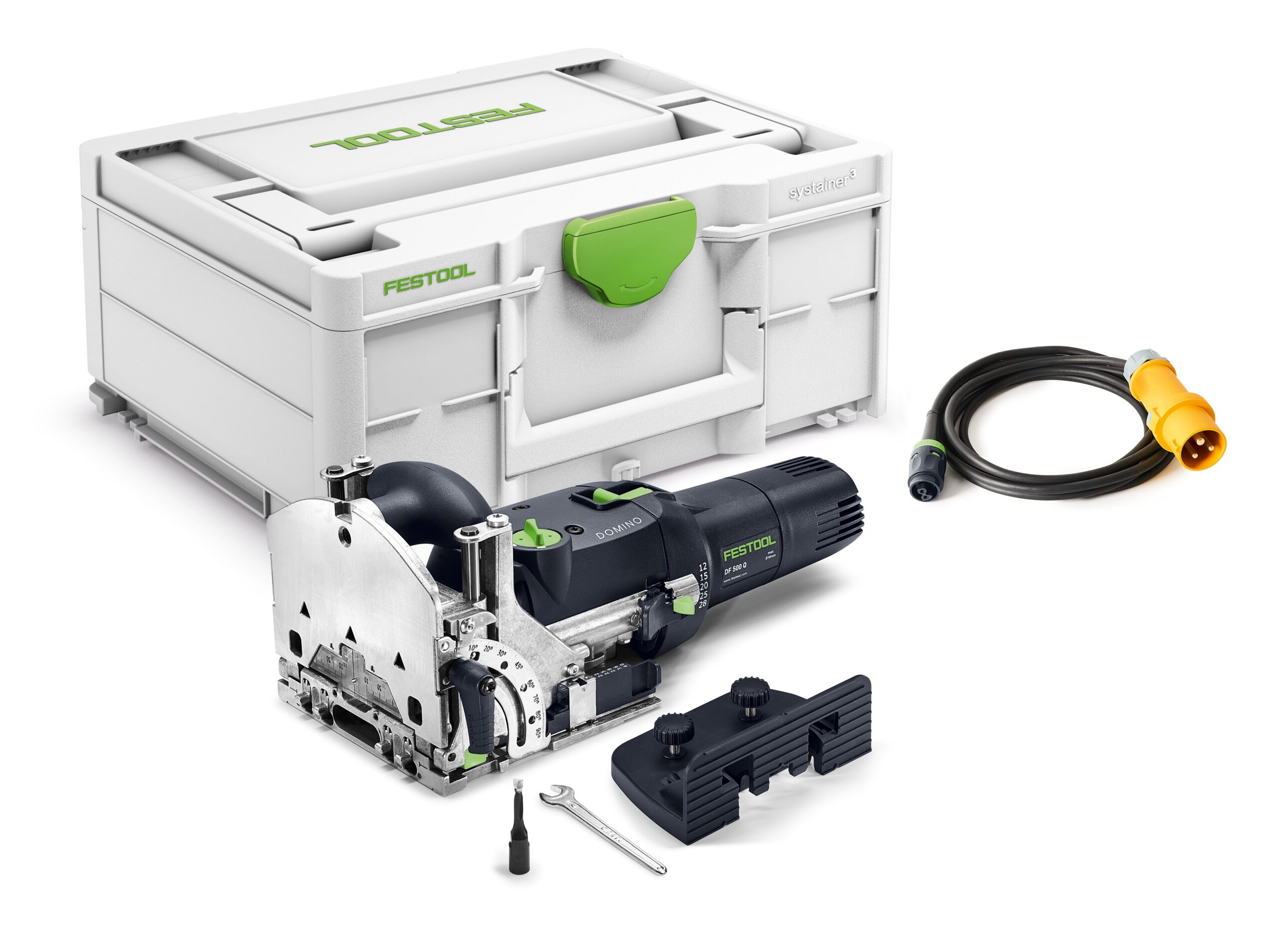 The Festool 578465 DF 500 RQ-Plus GB 110V set includes joiner, case, power cable, wrench, drill bit, and accessories on white.