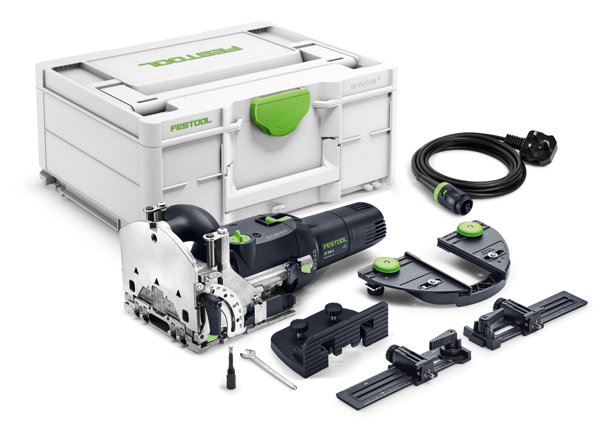 Festool 578543 DF 500 RQ-Set GB 230V kit with join attachments, power cord, wrench, and white storage case on white background.