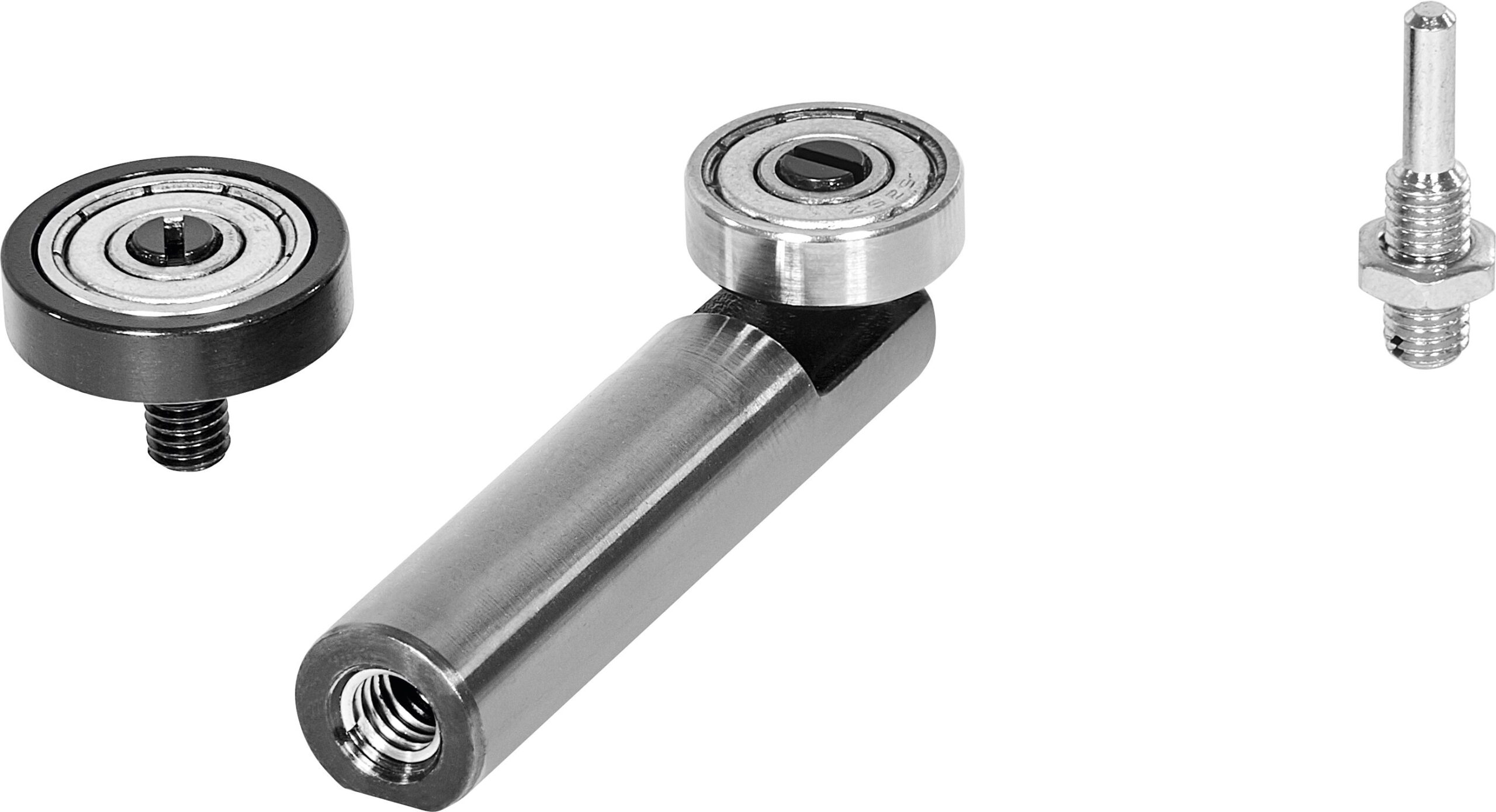 Three Festool 486534 COPY ROLLER SET KT-OF metal parts: a rod with bearing, a bearing with stud, and a threaded pin on white.