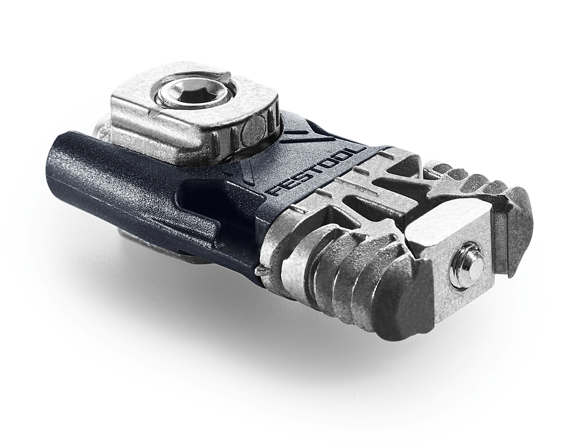 Silver and black Festool metal connector fitting with ridged edges and screw mechanisms for woodworking or furniture assembly.