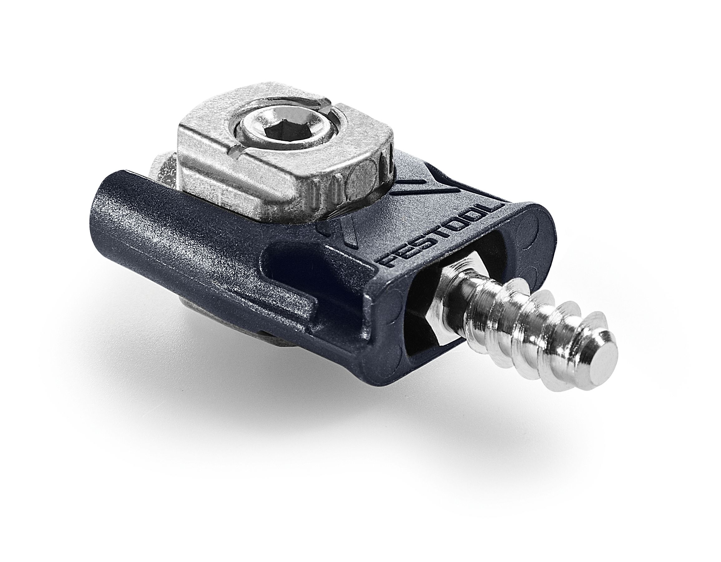 A close-up of a Festool metal and plastic connector with a silver screw and locking mechanism for joining panels in woodworking.