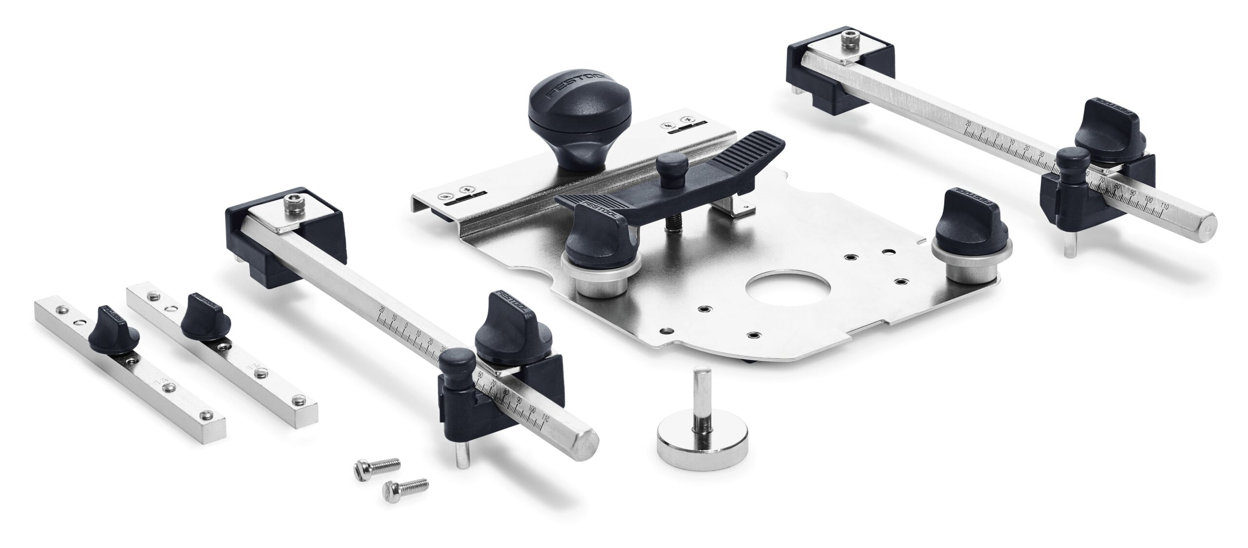 The Hole drilling set LR 32 includes edge guide parts—rods, knobs, screws, a flat plate—on a white background.