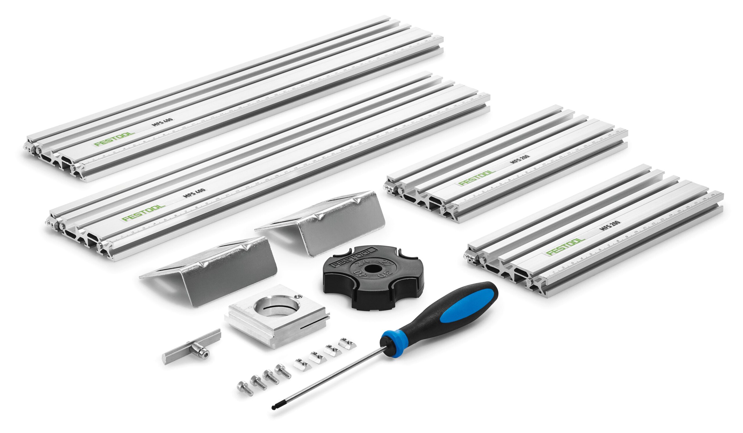 The Festool 492610 kit includes four aluminum rails, two brackets, screws, a knob, clamp, screwdriver, and hardware on white.