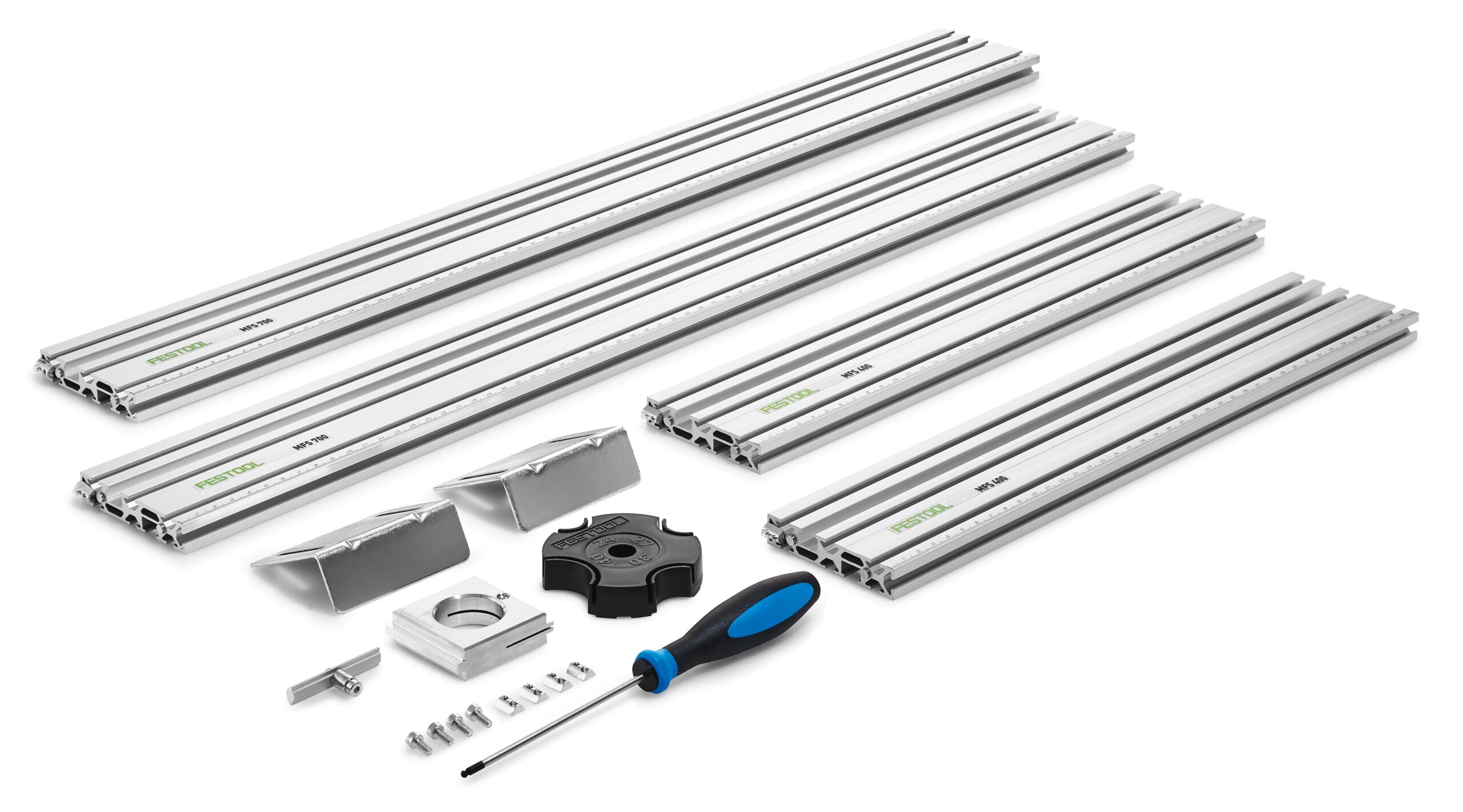 Festool 492611 MFS 700 kit: four aluminum bars, two brackets, knob, screwdriver, screws, connectors on a white surface.