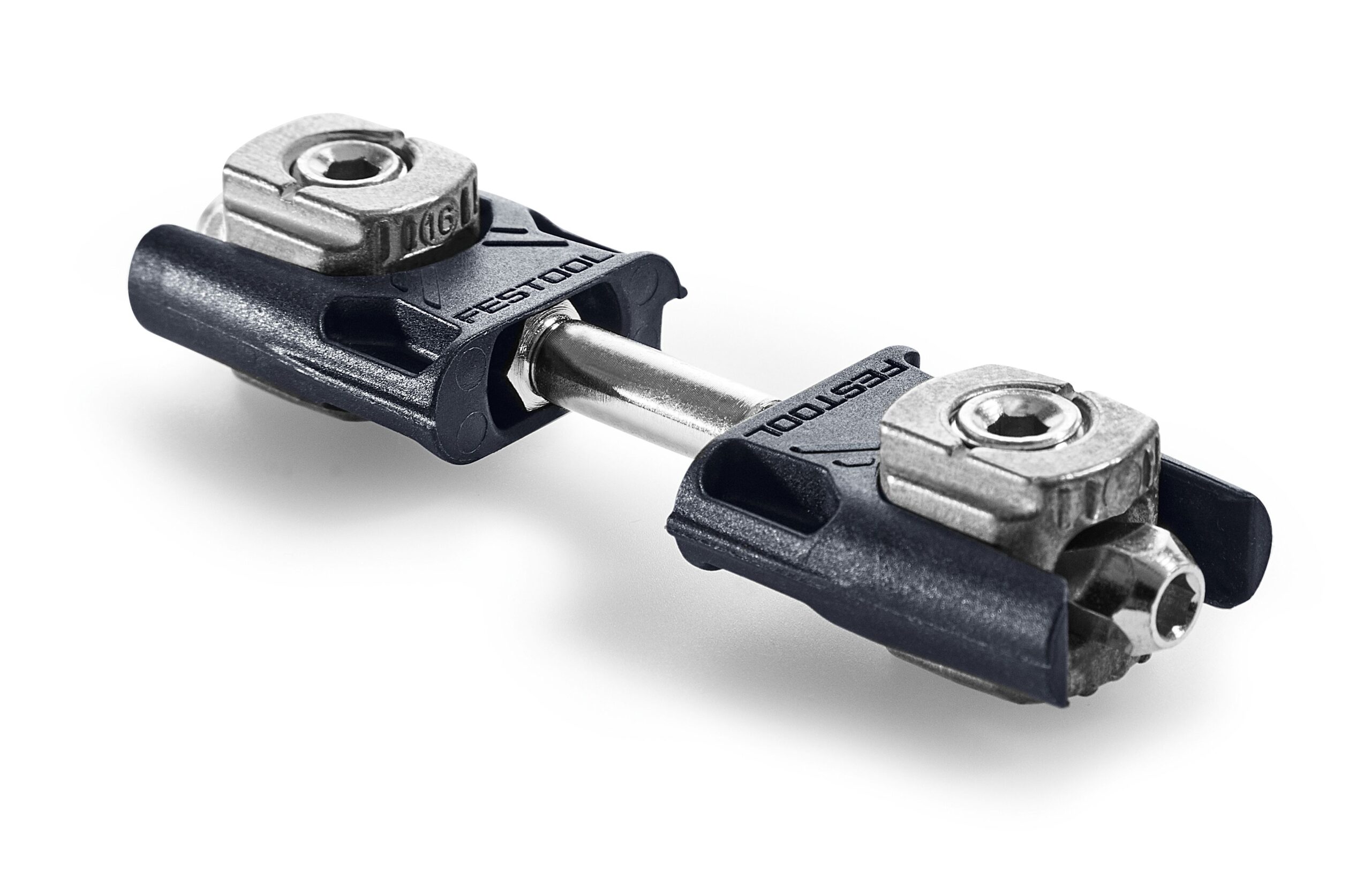 A close-up of a Festool connector made of metal and plastic, showing two adjustable ends connected by a central rod.
