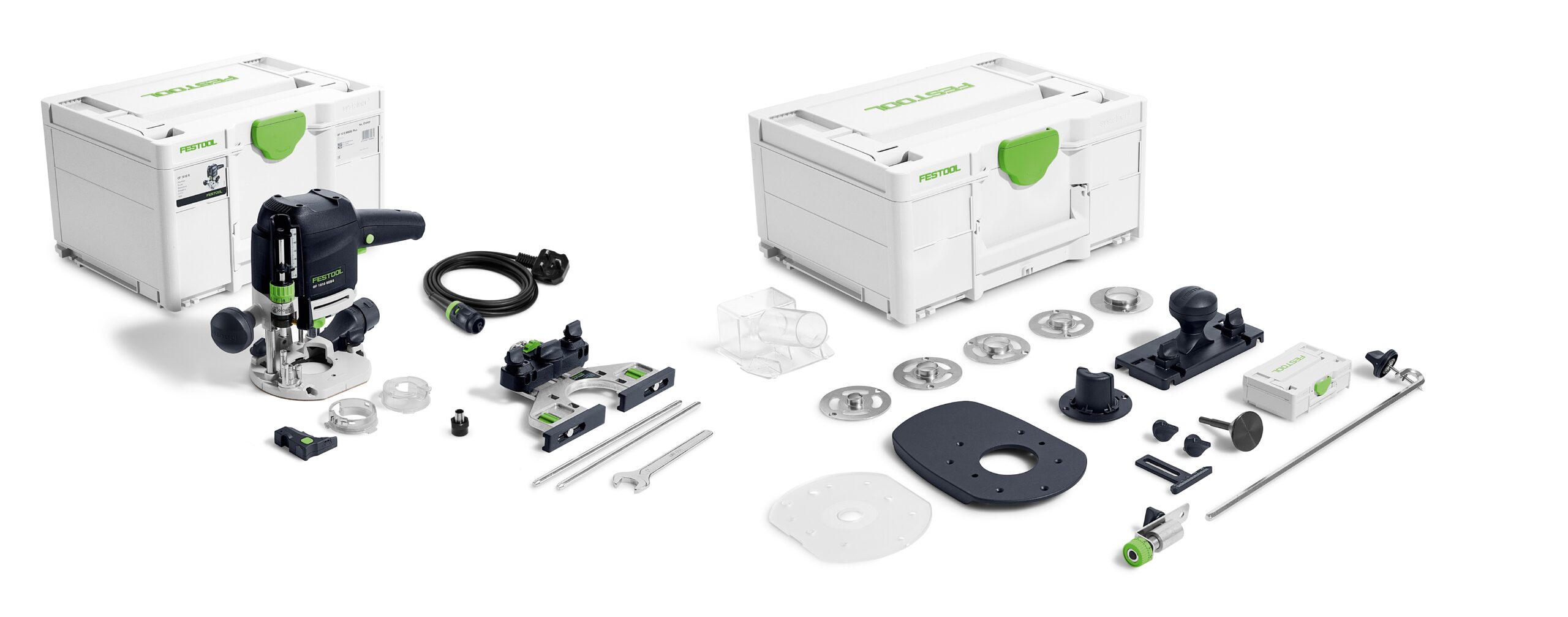 The Festool 578048 OF 1010 REBQ-Set 230V router set with accessories on a white background and two Festool storage cases.