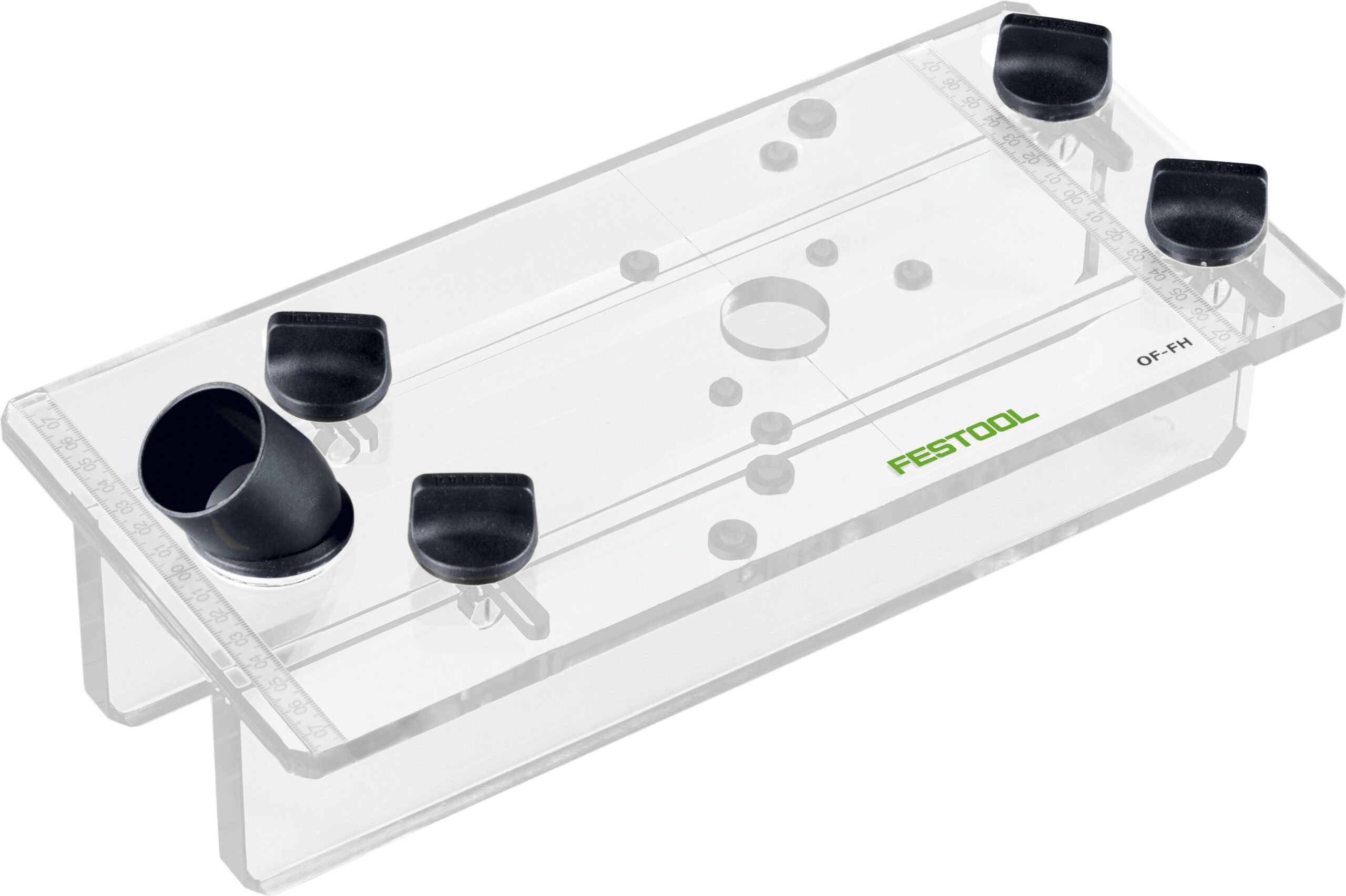 The Festool 495246 CUTT. TEMPLATE OF-FH 2200 is a clear rectangular router guide plate with four black corner knobs, edge measurement markings, and a central hole.