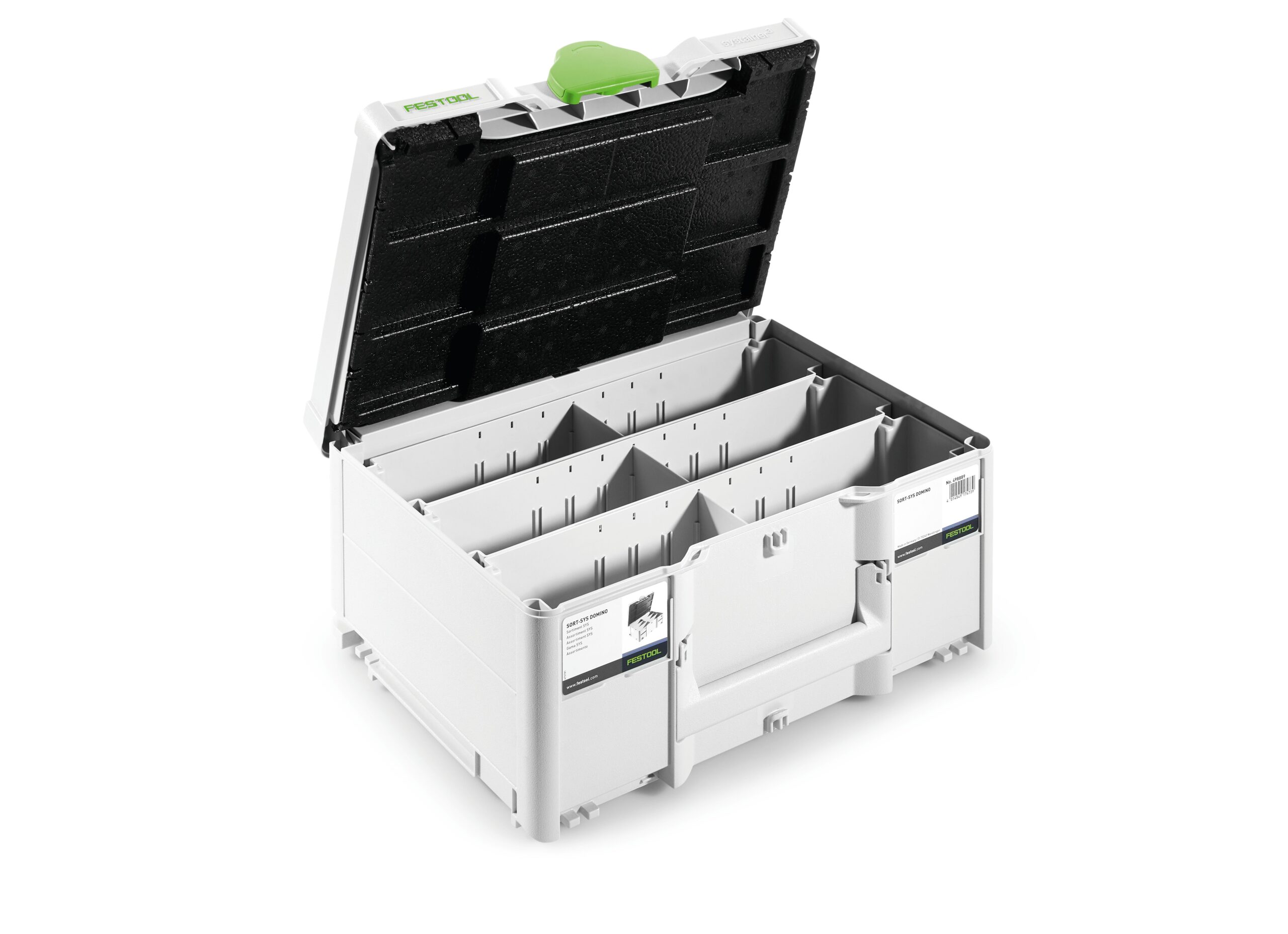 A white and gray plastic storage box with an open lid, compartment dividers, a green handle on top, and dark padding inside the lid.