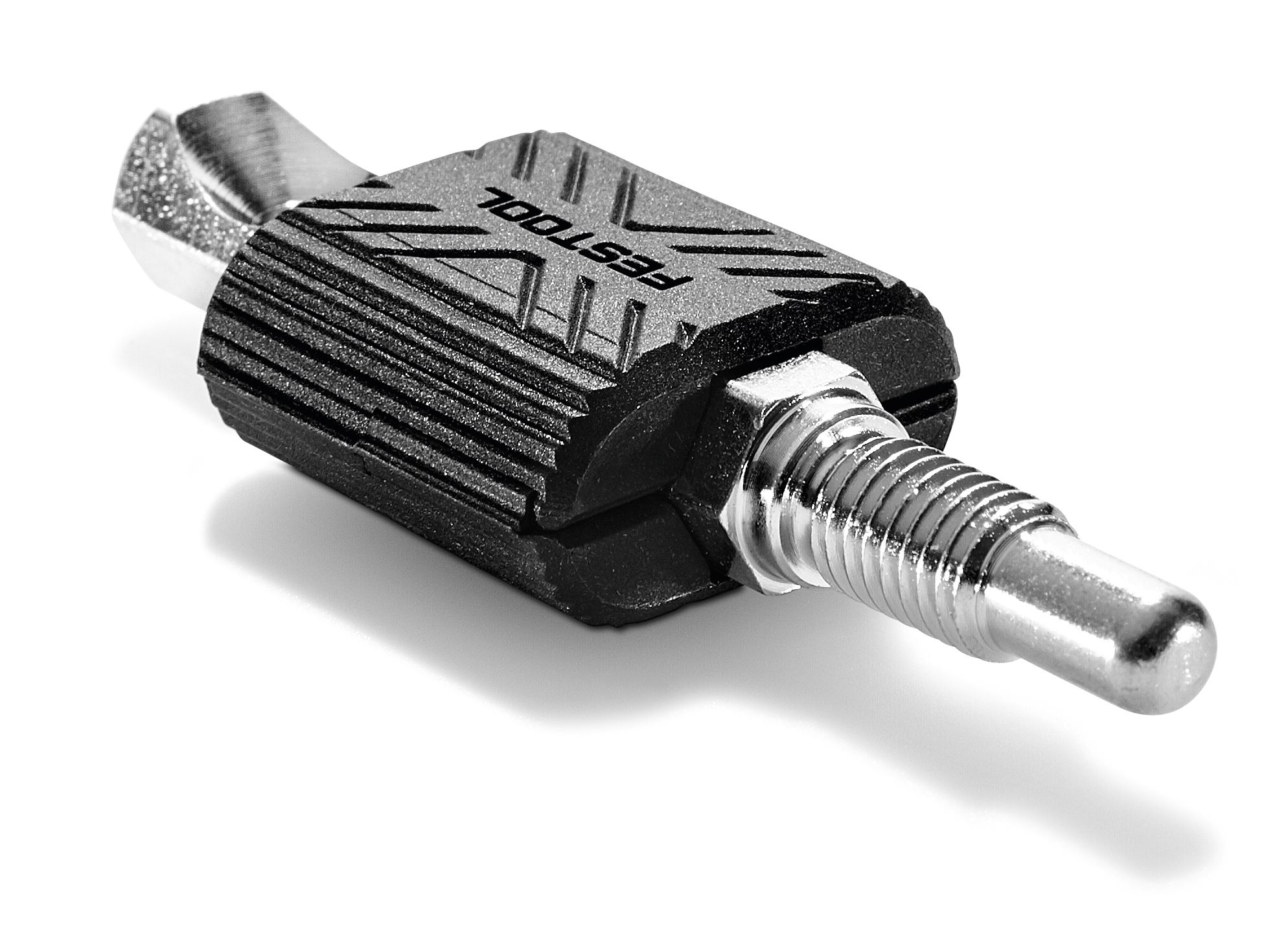 A close-up of a metallic and black FESTOOL screwdriver bit adapter, featuring textured grip and grooved details on a white background.